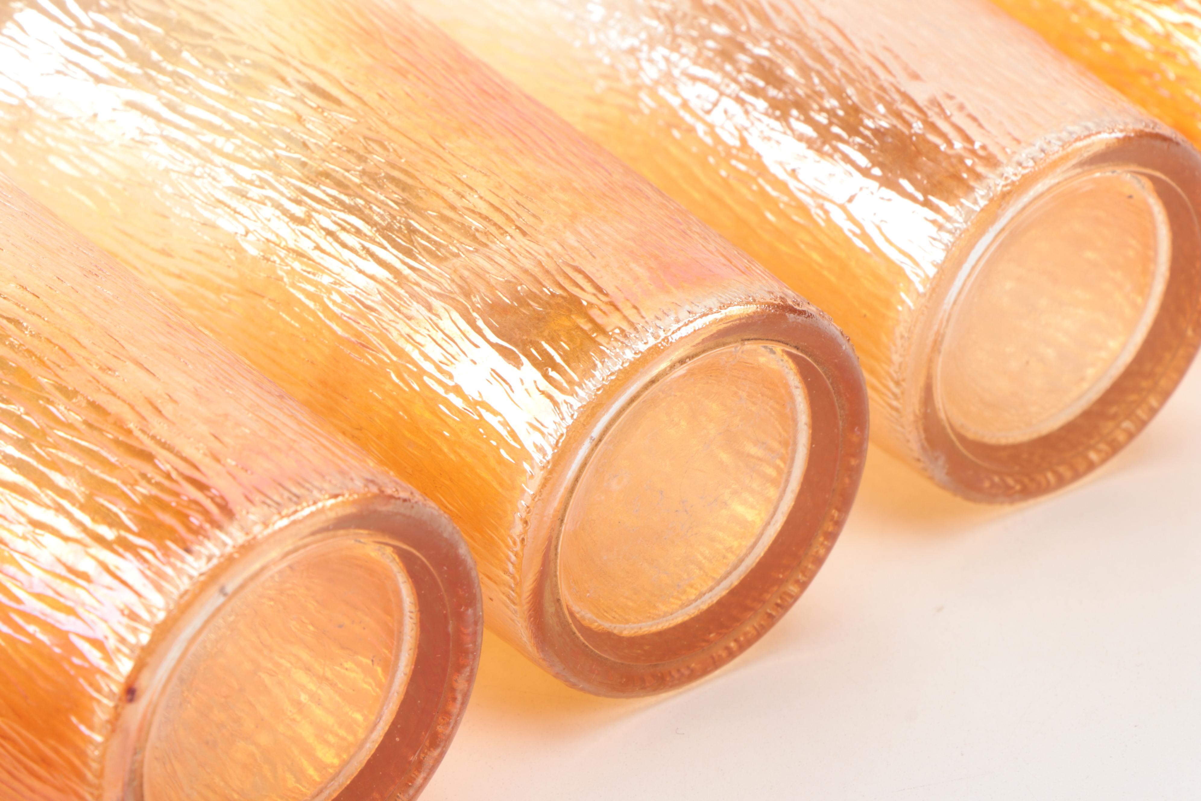 Fire King Carnival Glass Teacups and Creamer with Other Marigold Carnival Glass