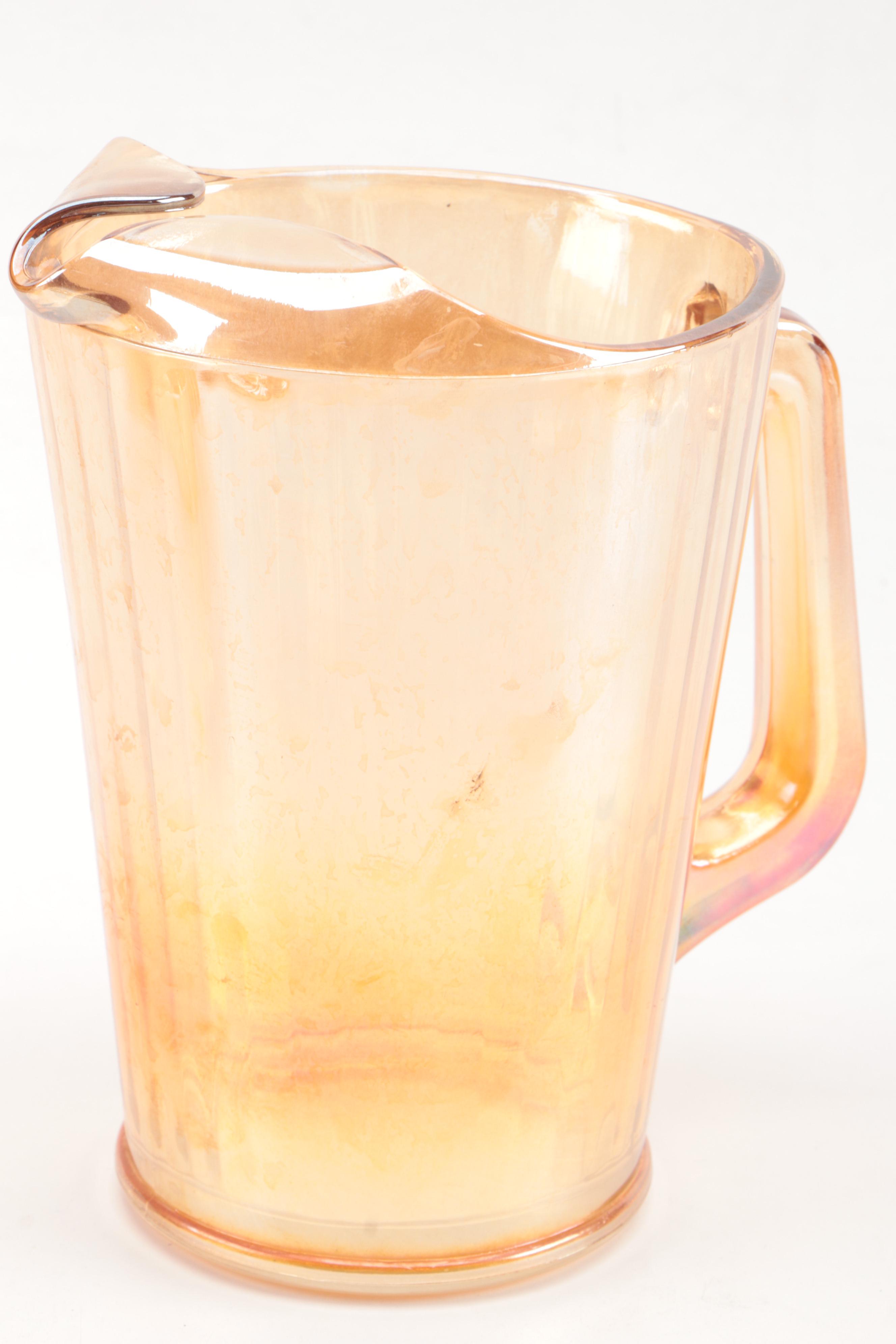 Fire King Carnival Glass Teacups and Creamer with Other Marigold Carnival Glass