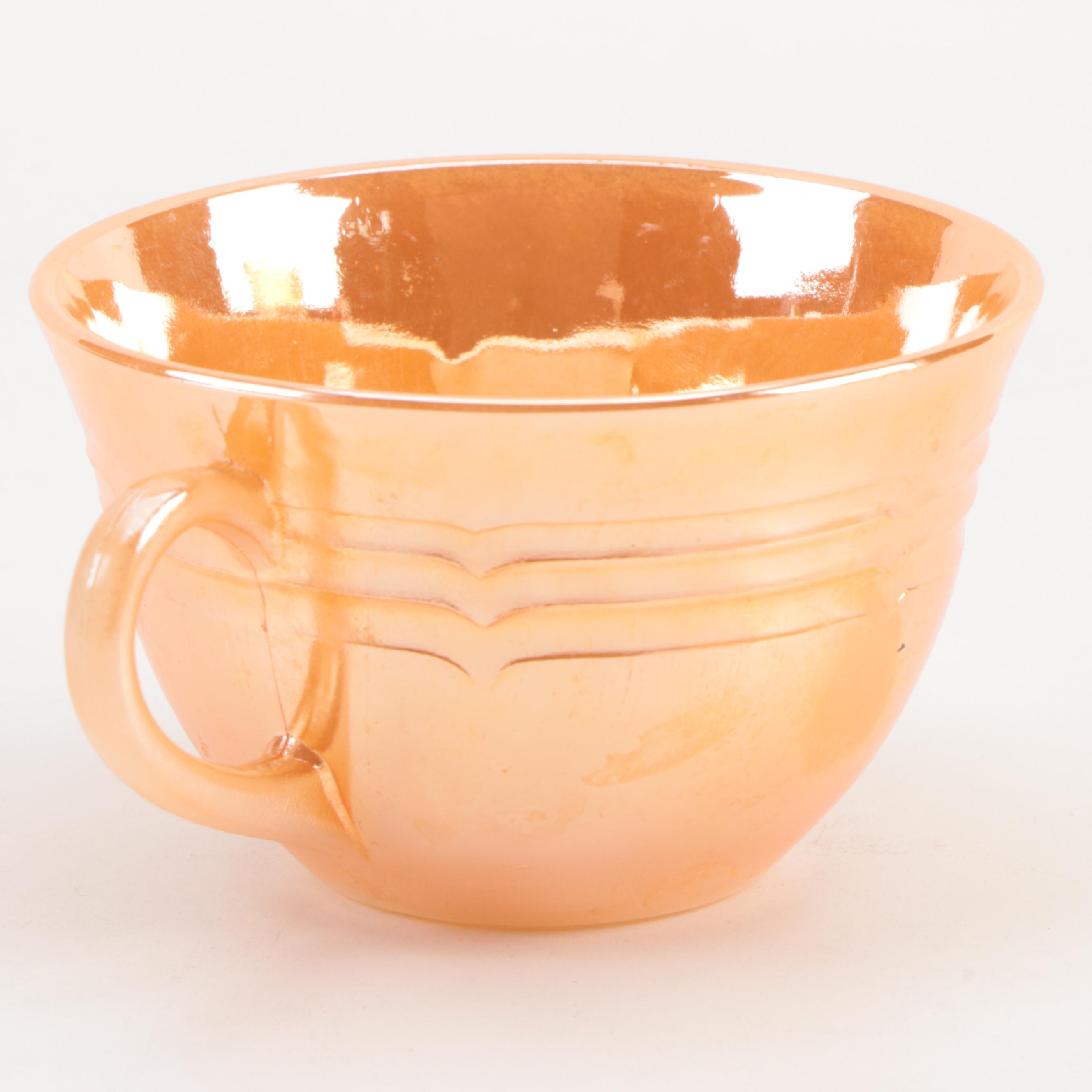 Fire King Carnival Glass Teacups and Creamer with Other Marigold Carnival Glass