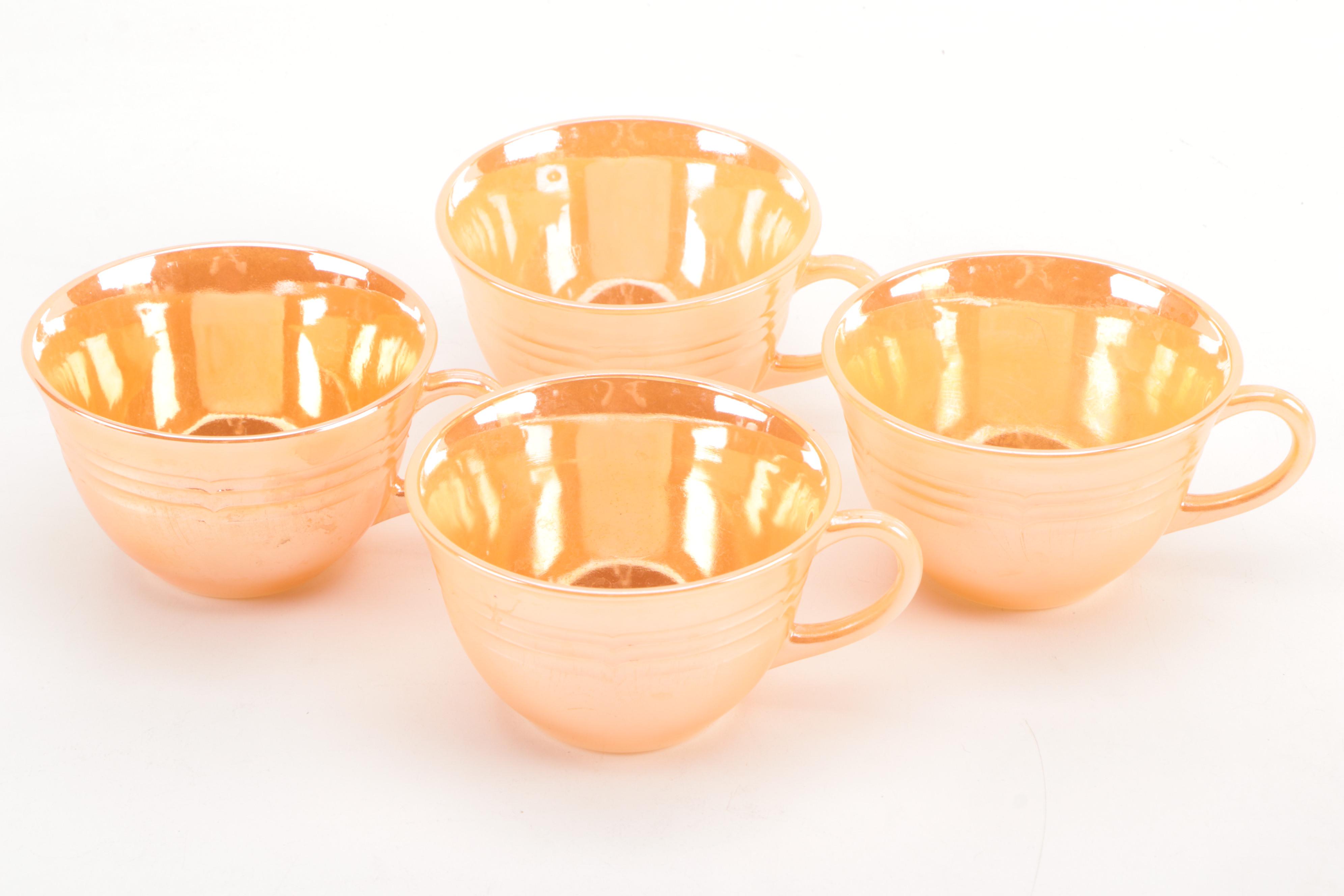 Fire King Carnival Glass Teacups and Creamer with Other Marigold Carnival Glass