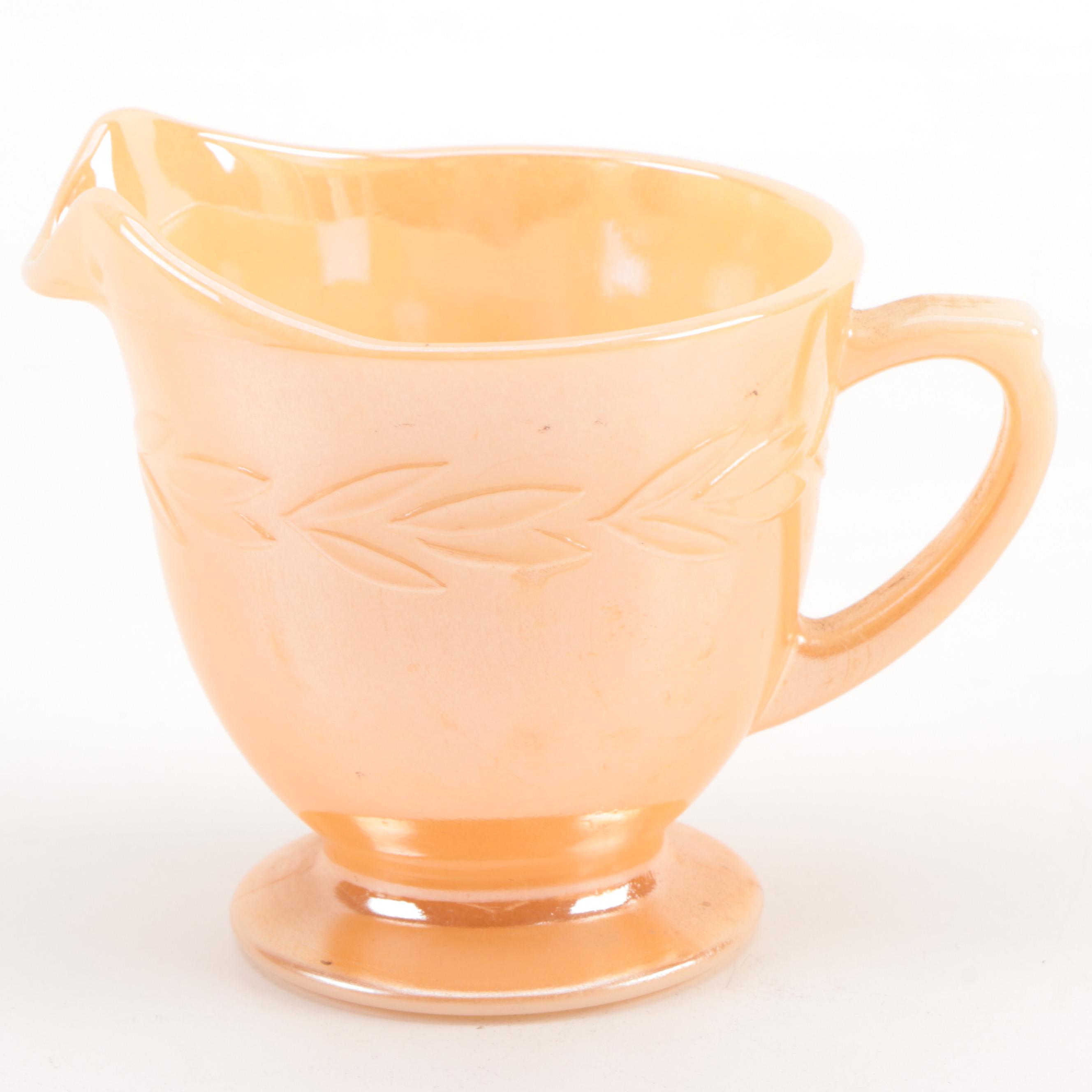 Fire King Carnival Glass Teacups and Creamer with Other Marigold Carnival Glass