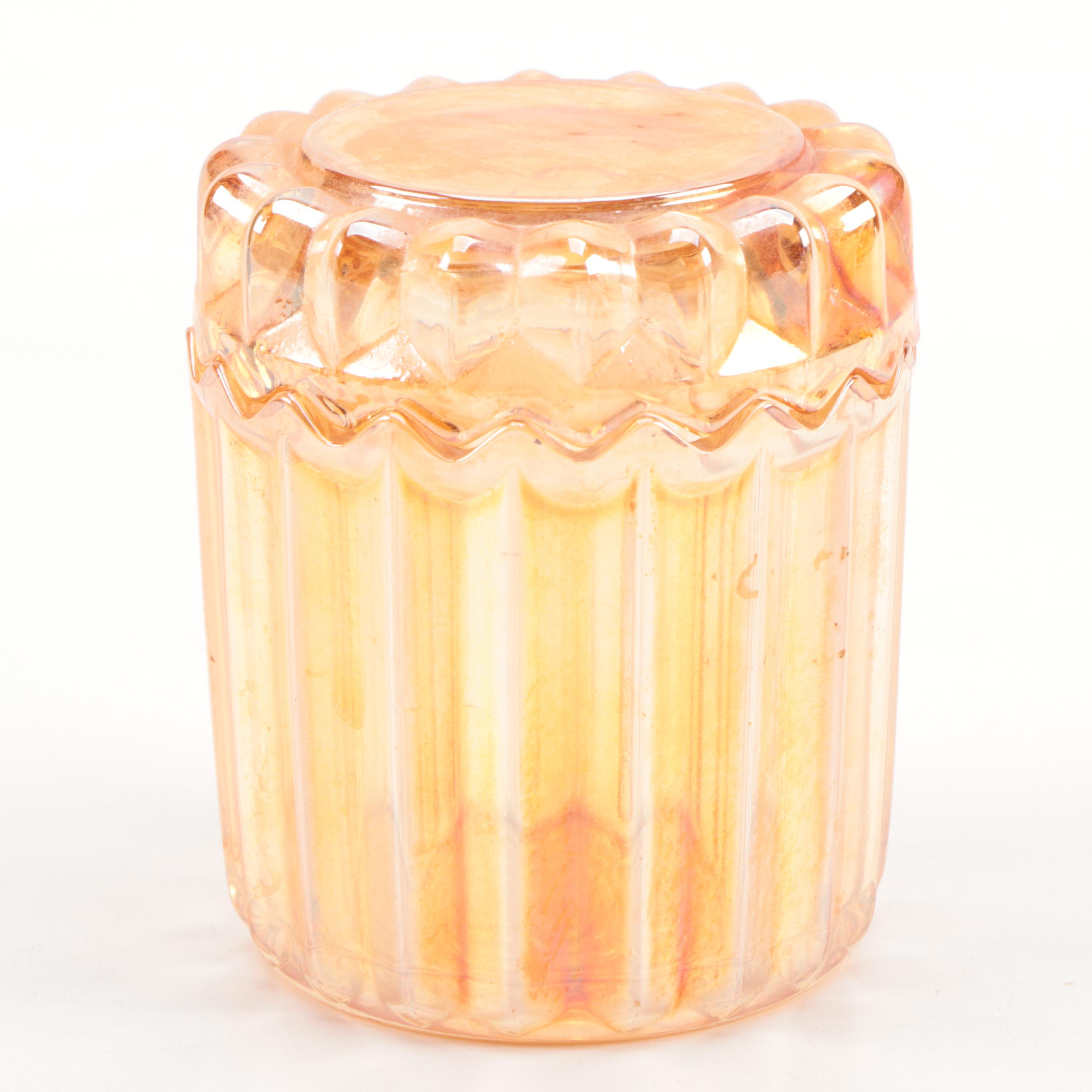 Fire King Carnival Glass Teacups and Creamer with Other Marigold Carnival Glass