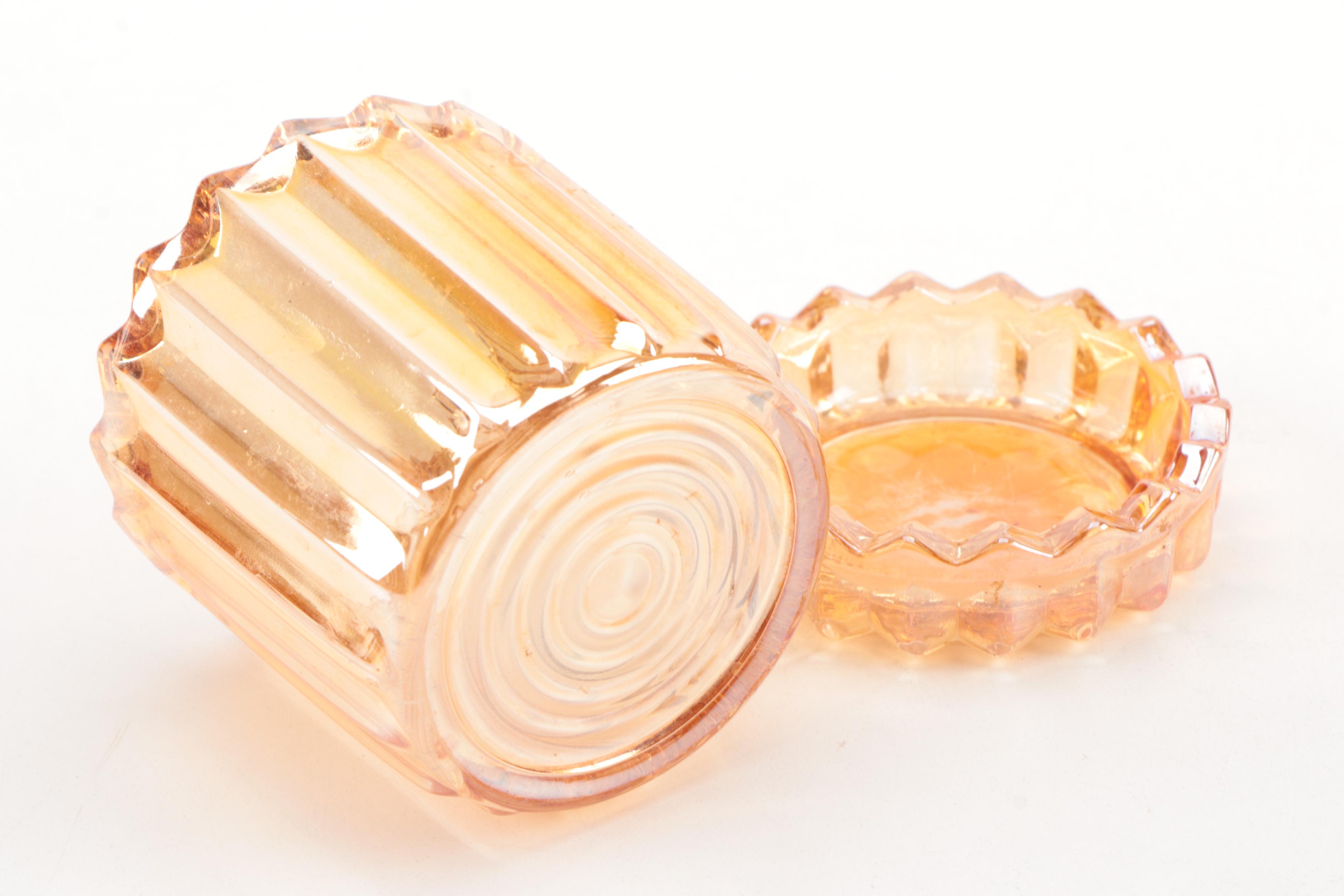 Fire King Carnival Glass Teacups and Creamer with Other Marigold Carnival Glass