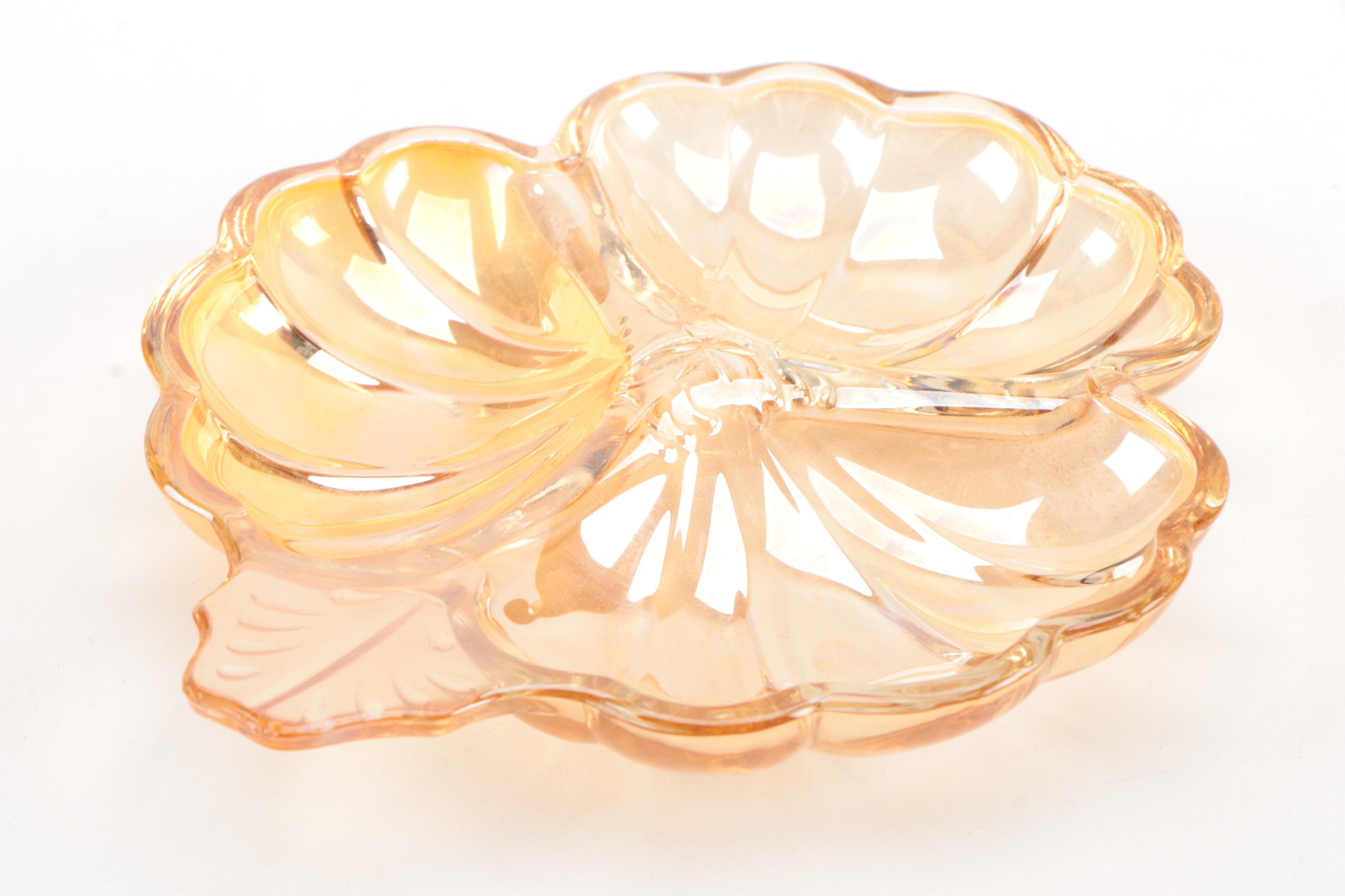 Fire King Carnival Glass Teacups and Creamer with Other Marigold Carnival Glass