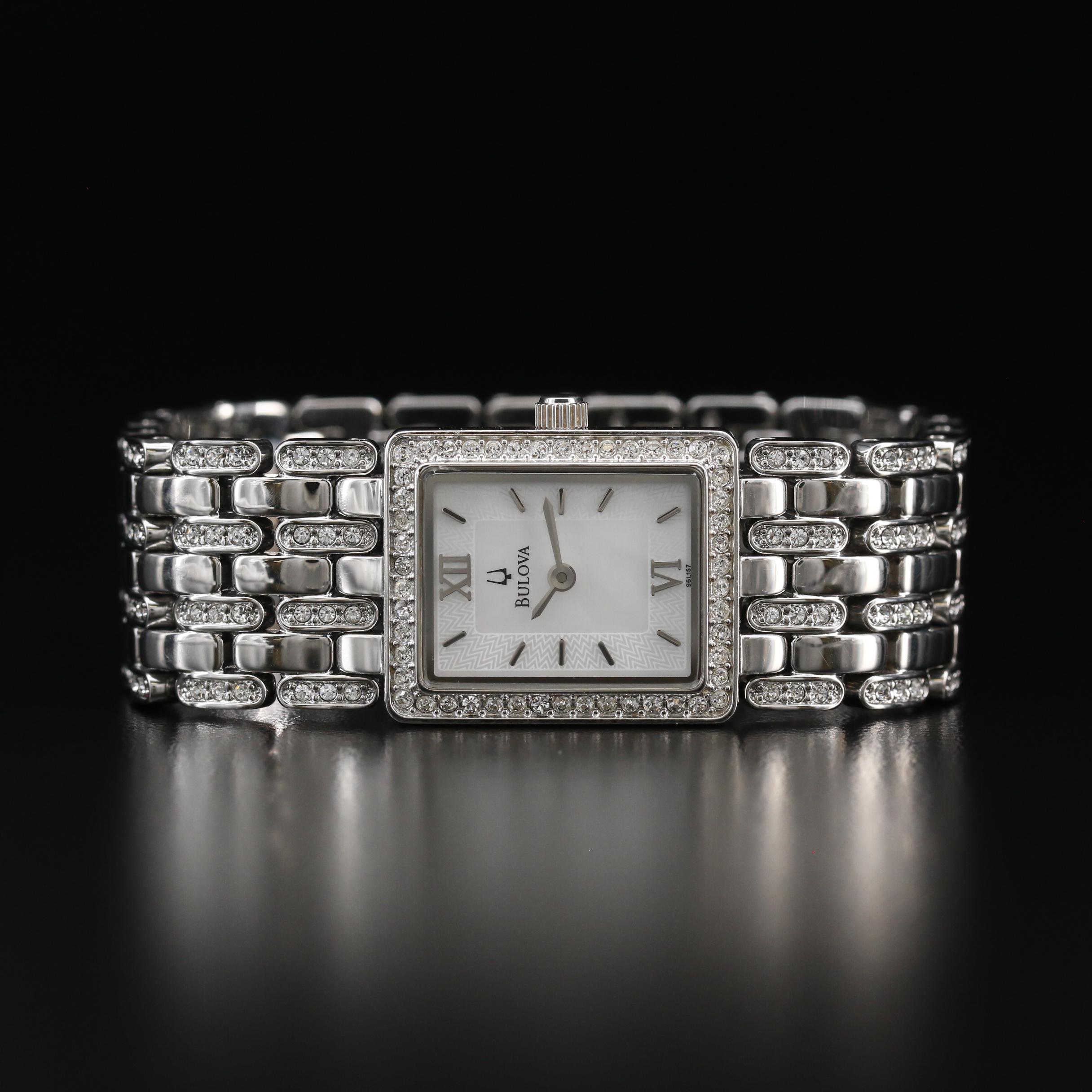 Bulova Mother of Pearl and Crystal Stainless Steel Quartz Watch