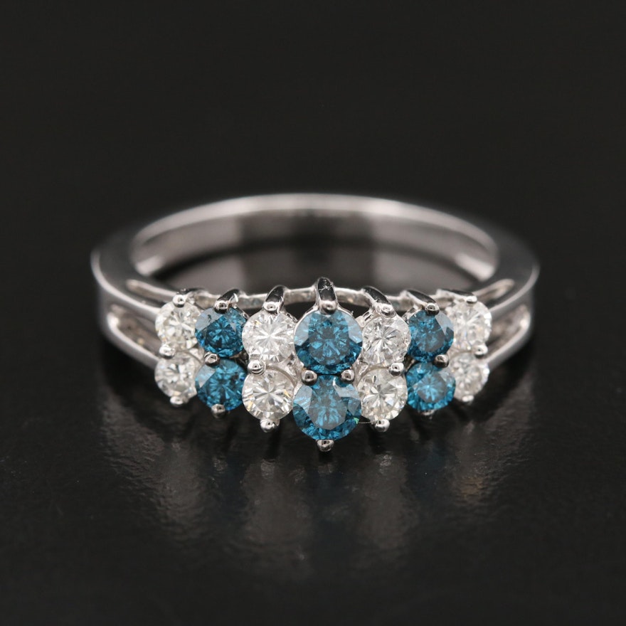 14K White Gold Diamond Ring Featuring Blue Diamonds