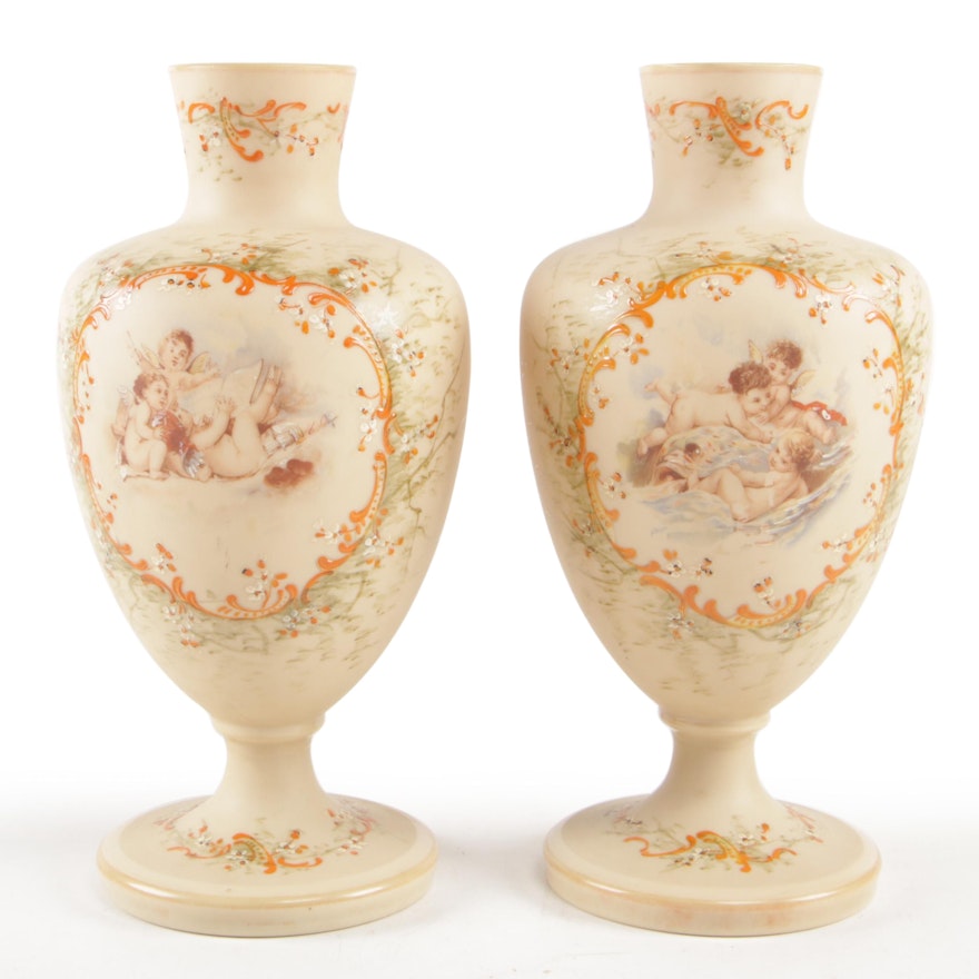 Pair of Decorative Victorian Enamel Putti Motif Glass Vases