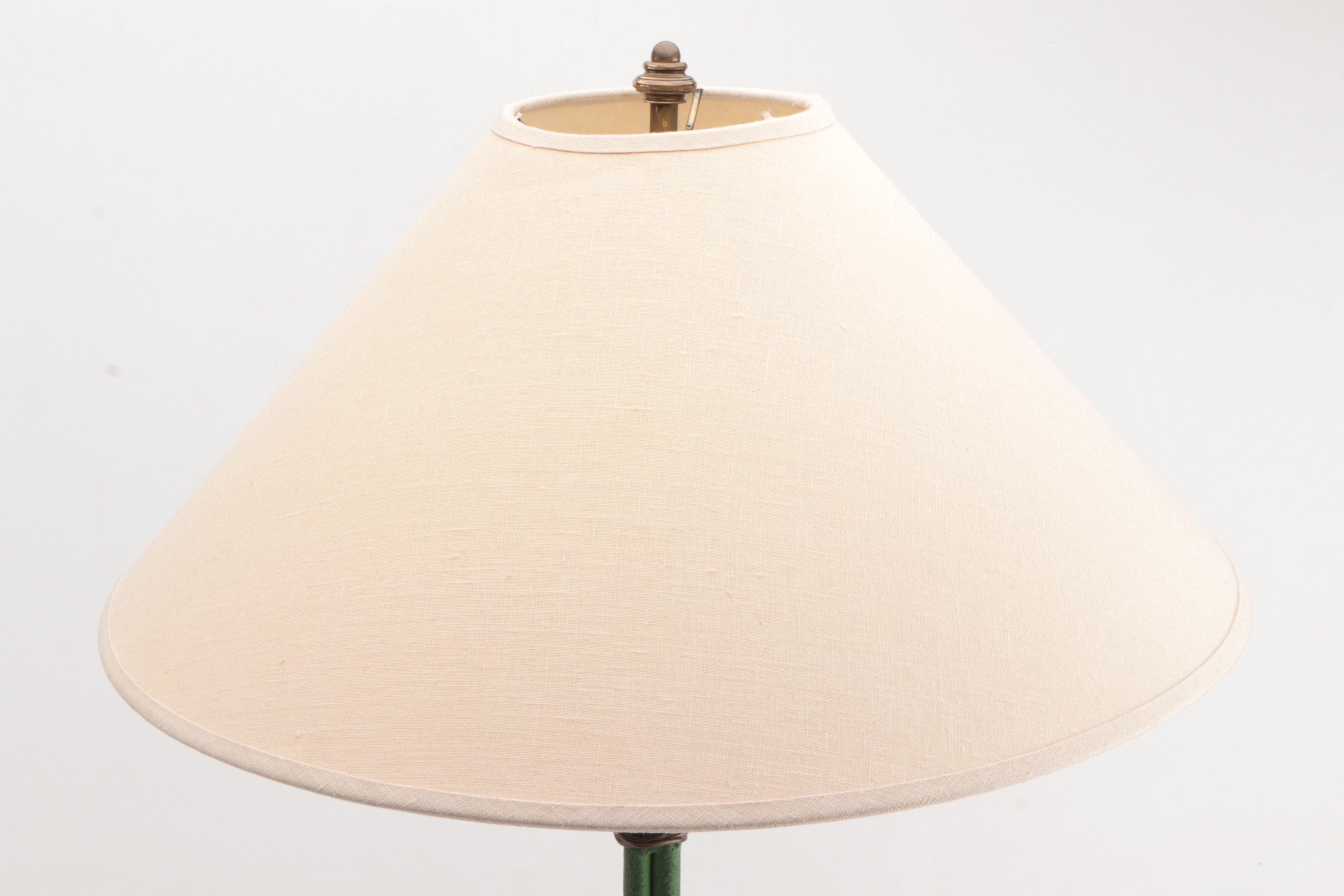 Pair of Hart Associates Patinated Brass Buffet Lamps with Fabric Shades