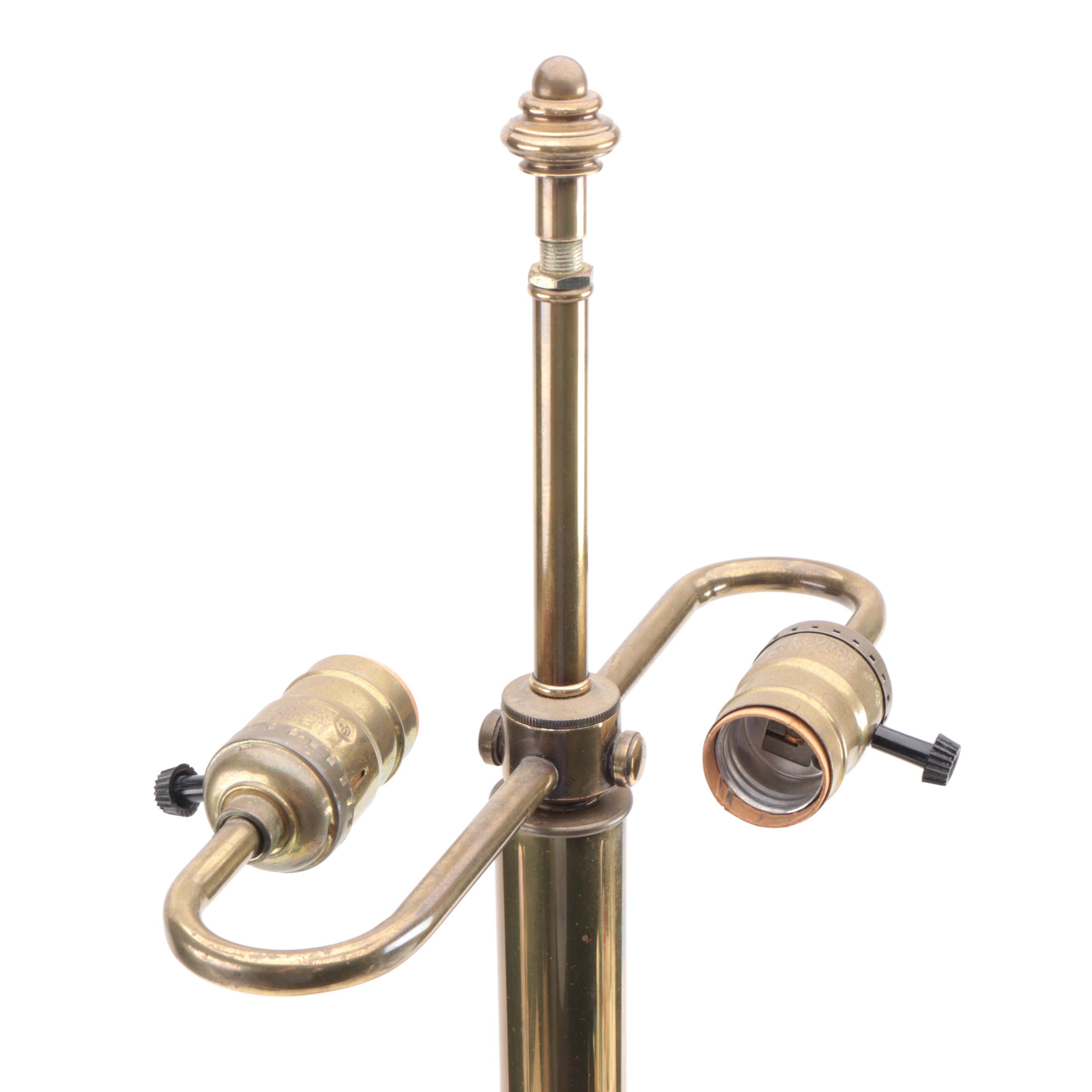 Pair of Hart Associates Patinated Brass Buffet Lamps with Fabric Shades