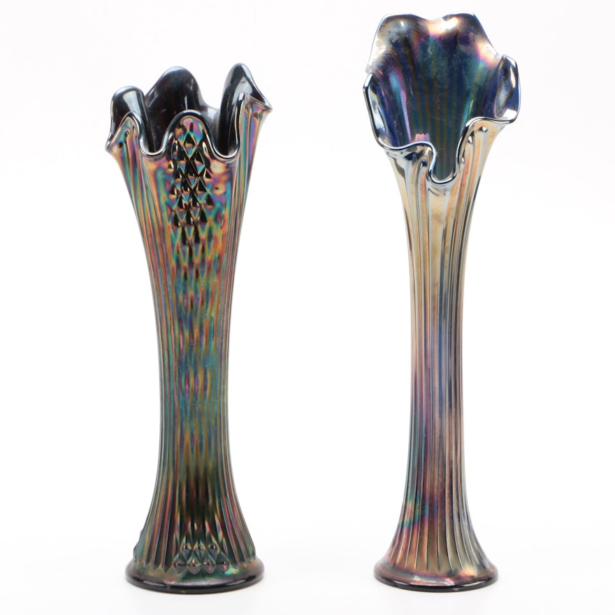 Fenton "Diamond Point Columns" with Other Ribbed Carnival Glass Vase