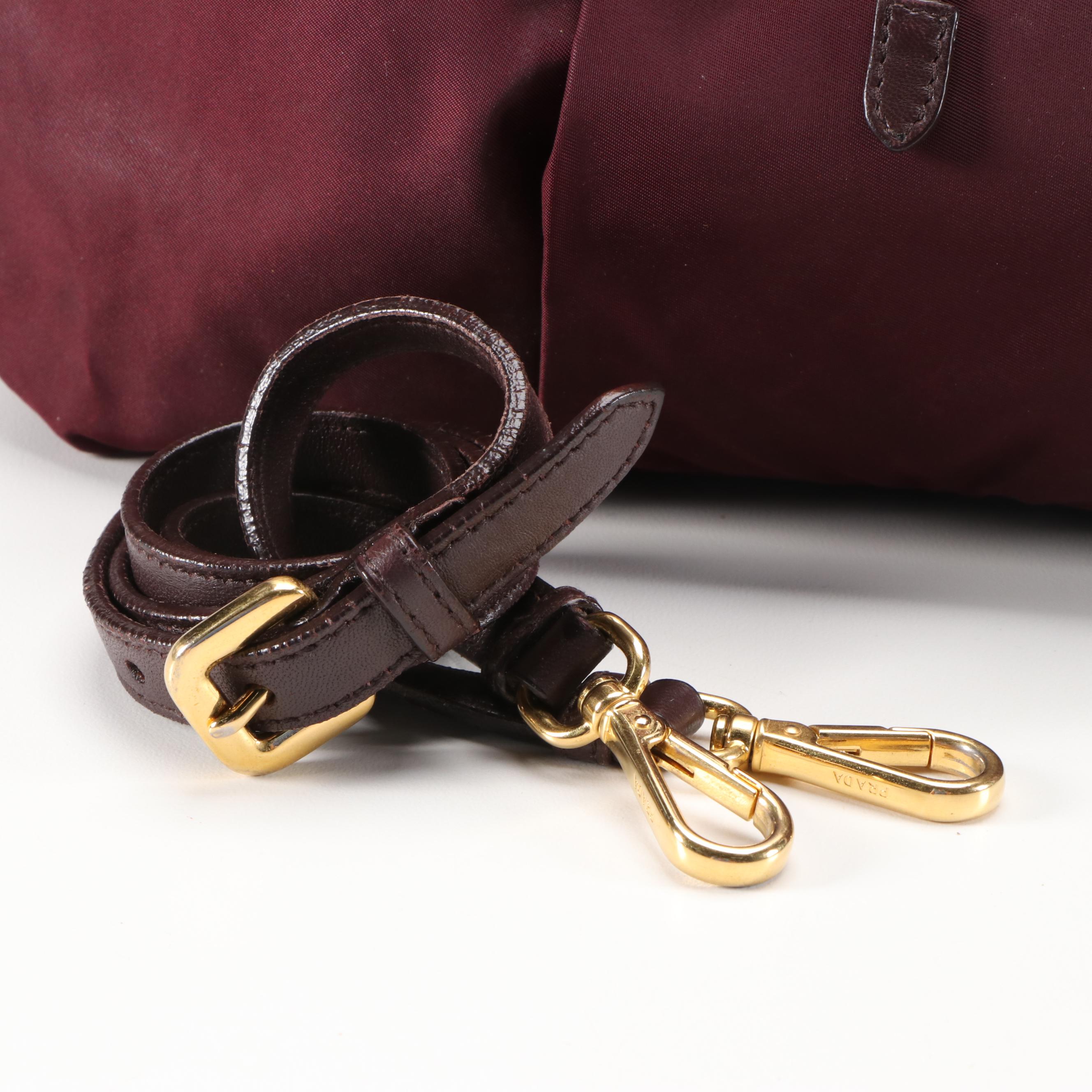Prada Gathered Two-Way Bag in Bordeaux Tessuto Nylon with Braided Handles