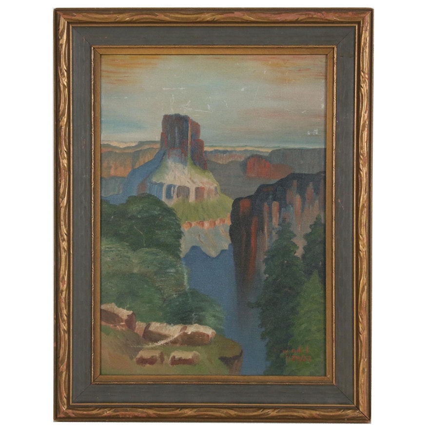 Oil Painting of Canyon Landscape, Early 20th Century