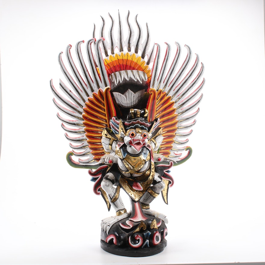 Balinese Garuda Hand-Painted Carved Wood Sculpture