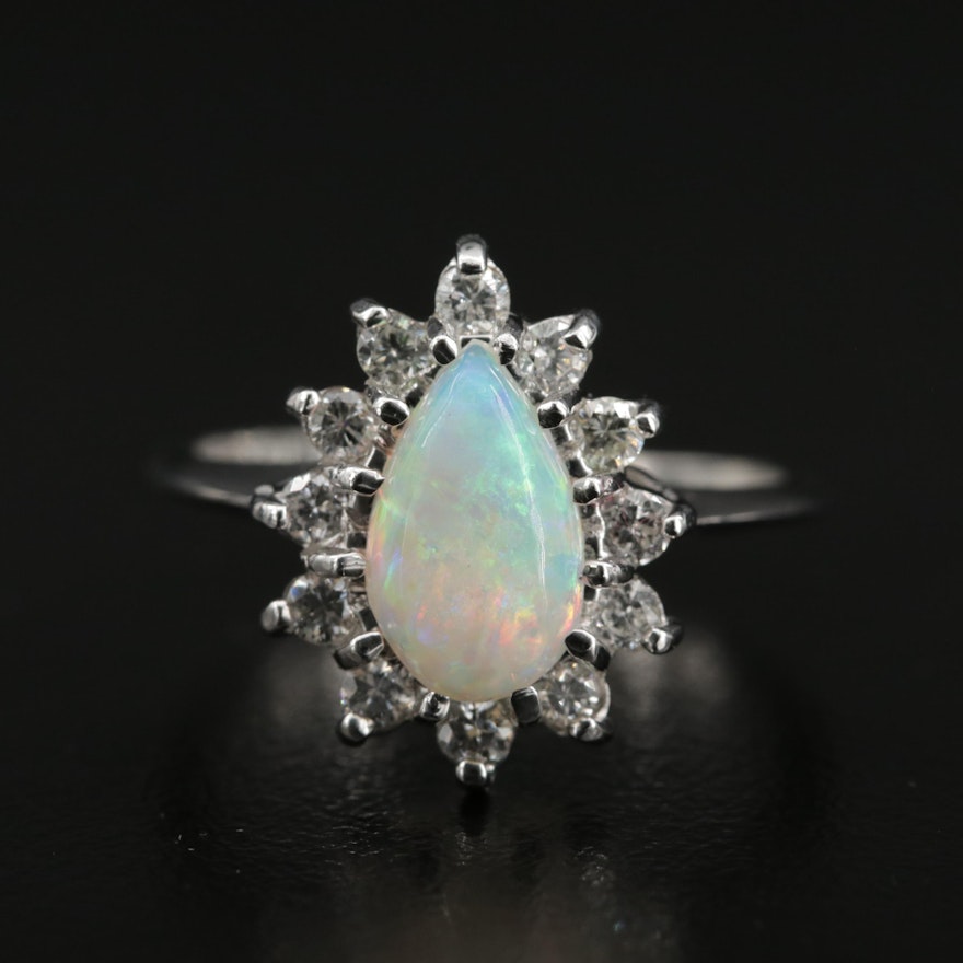 14K Opal Teardrop Ring with Diamond Halo
