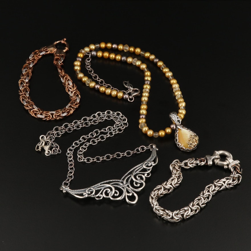 Sterling Pearl, Citrine and Mother of Pearl Necklaces, Pendant and Bracelets