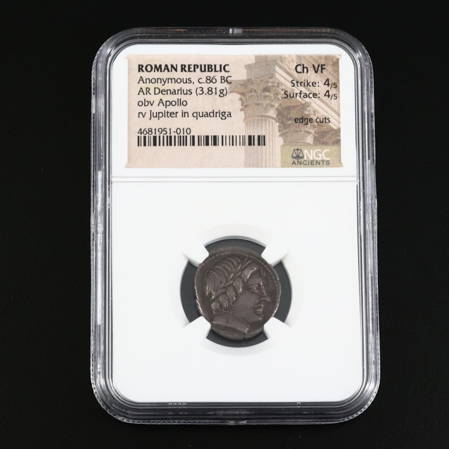NGC Graded CH VF Roman Republic AR Denarius Coin, Ca 86BCE
