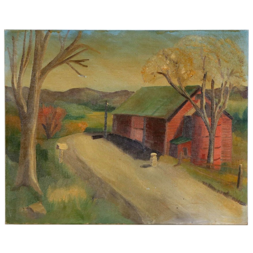 Oil Painting of a Red Barn, Early to Mid 20th Century