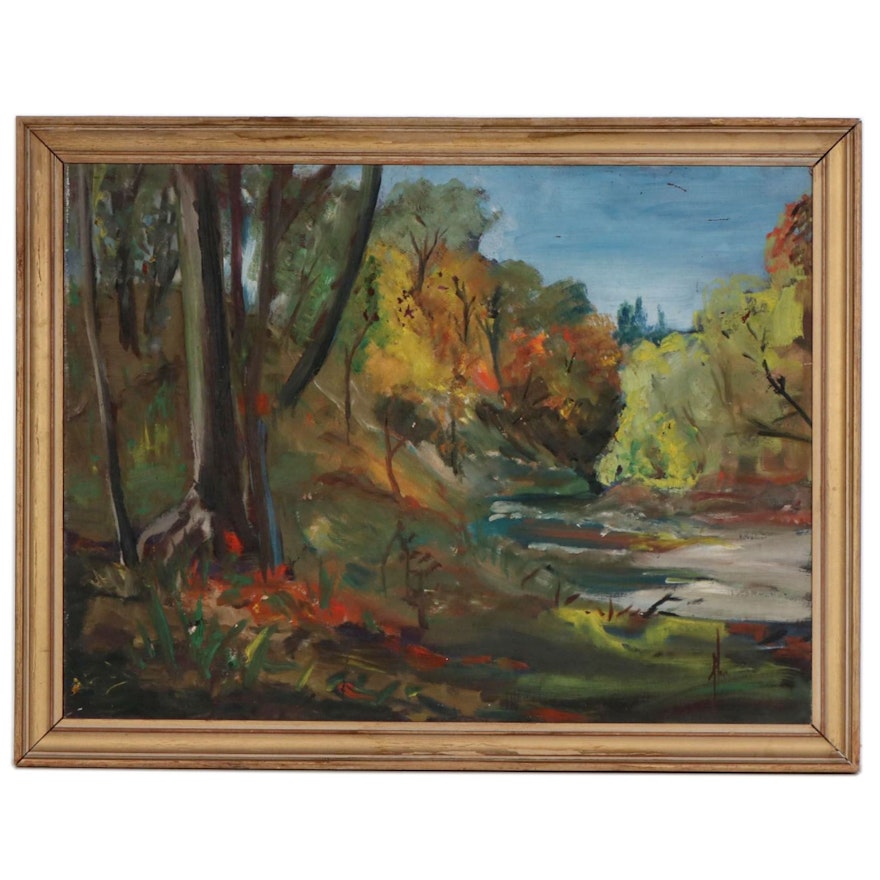Fall Landscape Oil Painting, Mid-20th Century