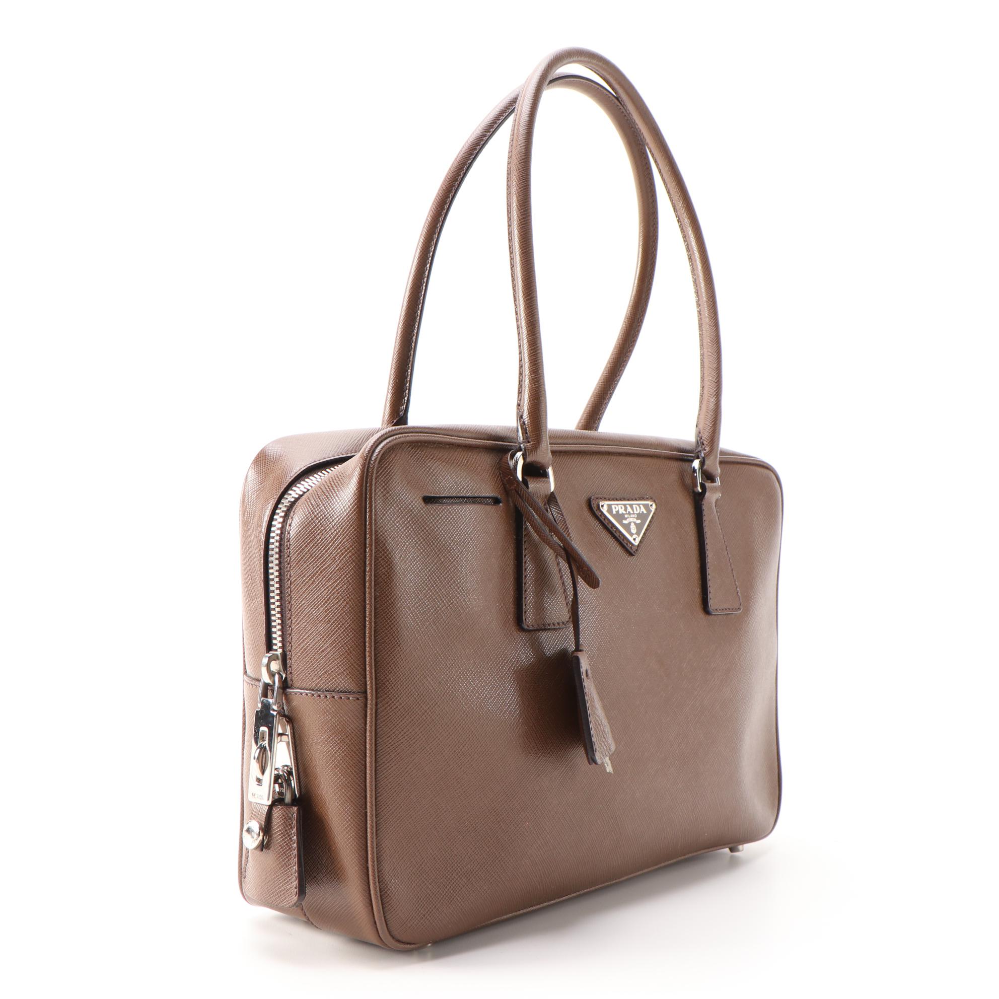 Prada Bauletto Shoulder Bag in Brown Saffiano Leather