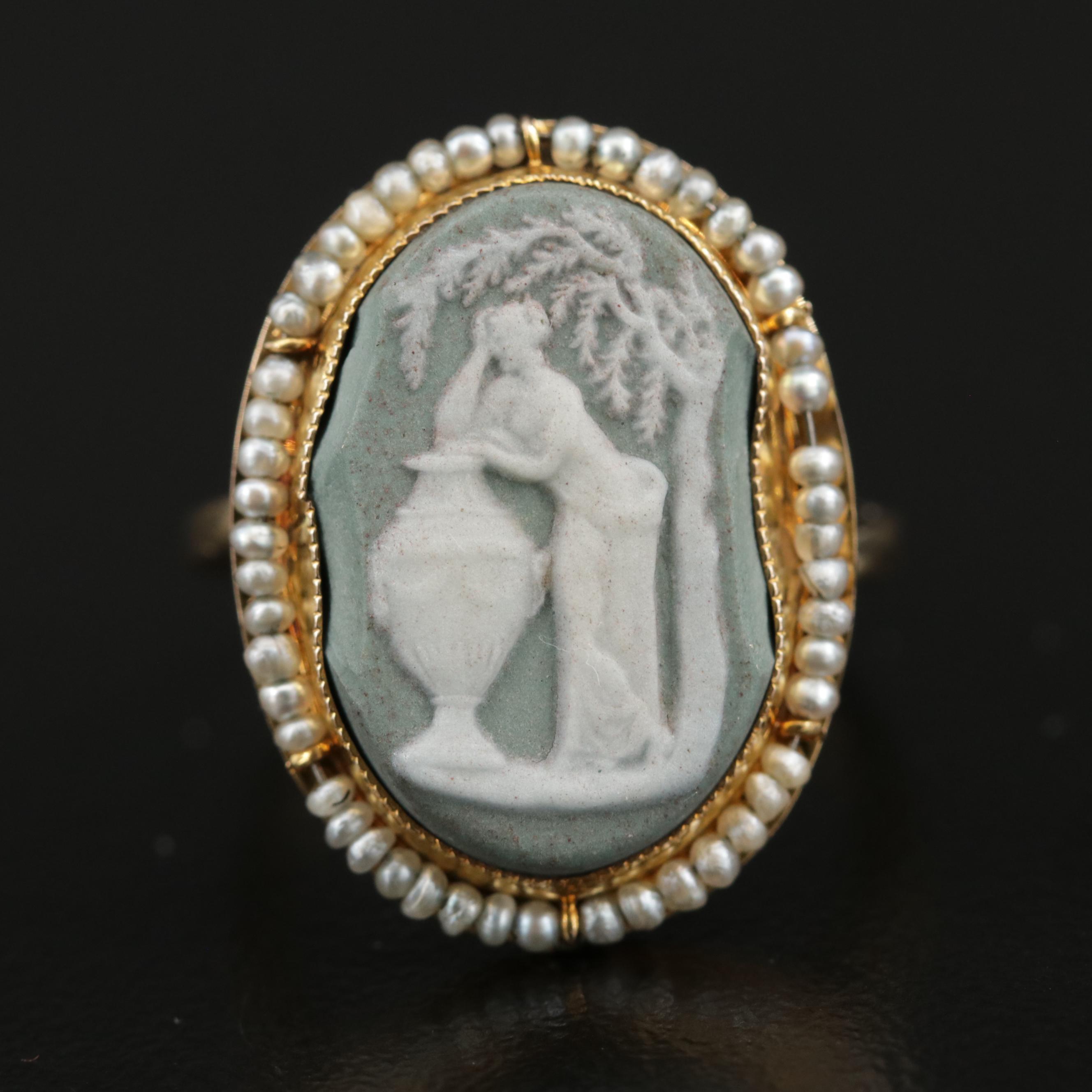 Vintage Wedgwood 14K Jasperware and Seed Pearl Cameo Ring