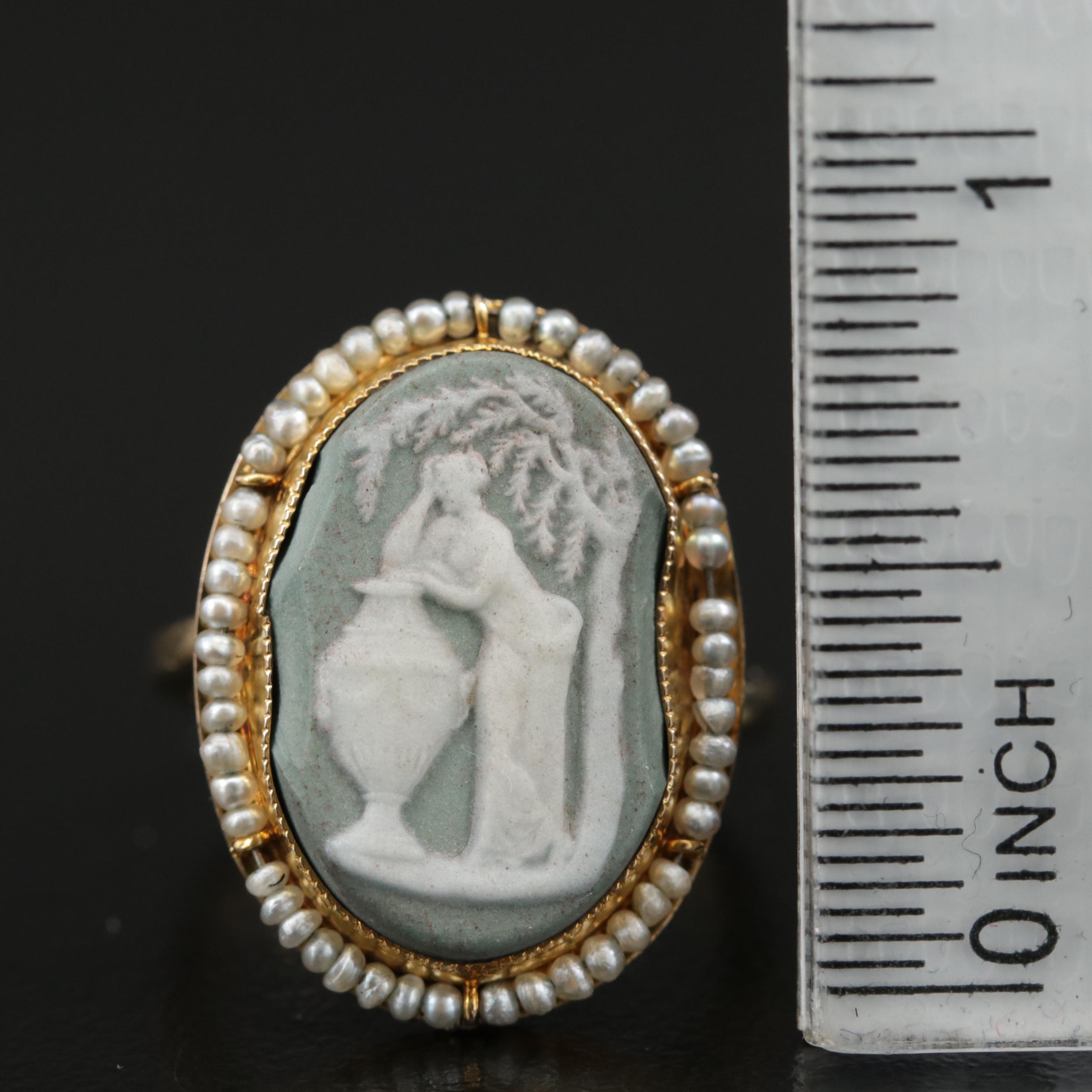 Vintage Wedgwood 14K Jasperware and Seed Pearl Cameo Ring