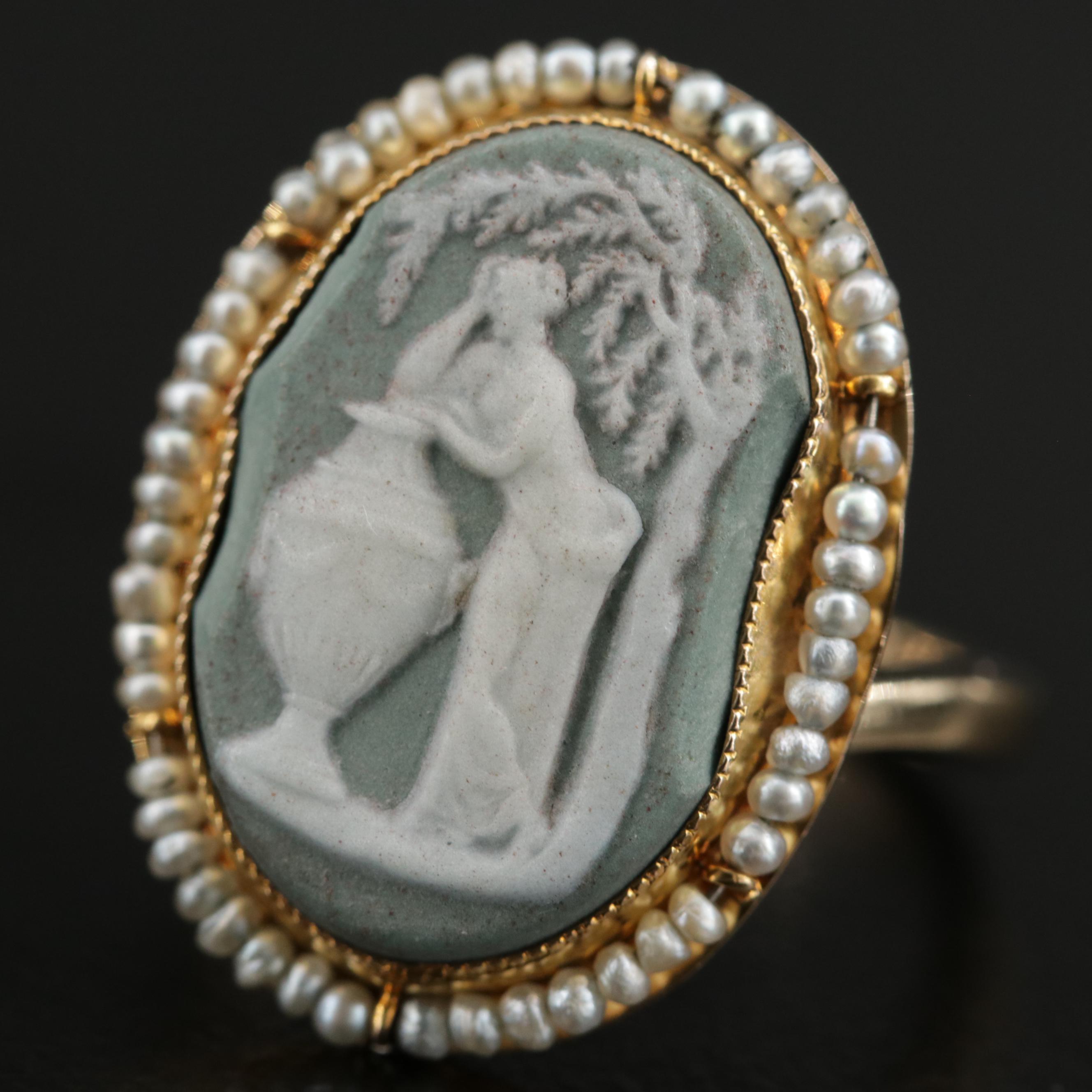 Vintage Wedgwood 14K Jasperware and Seed Pearl Cameo Ring
