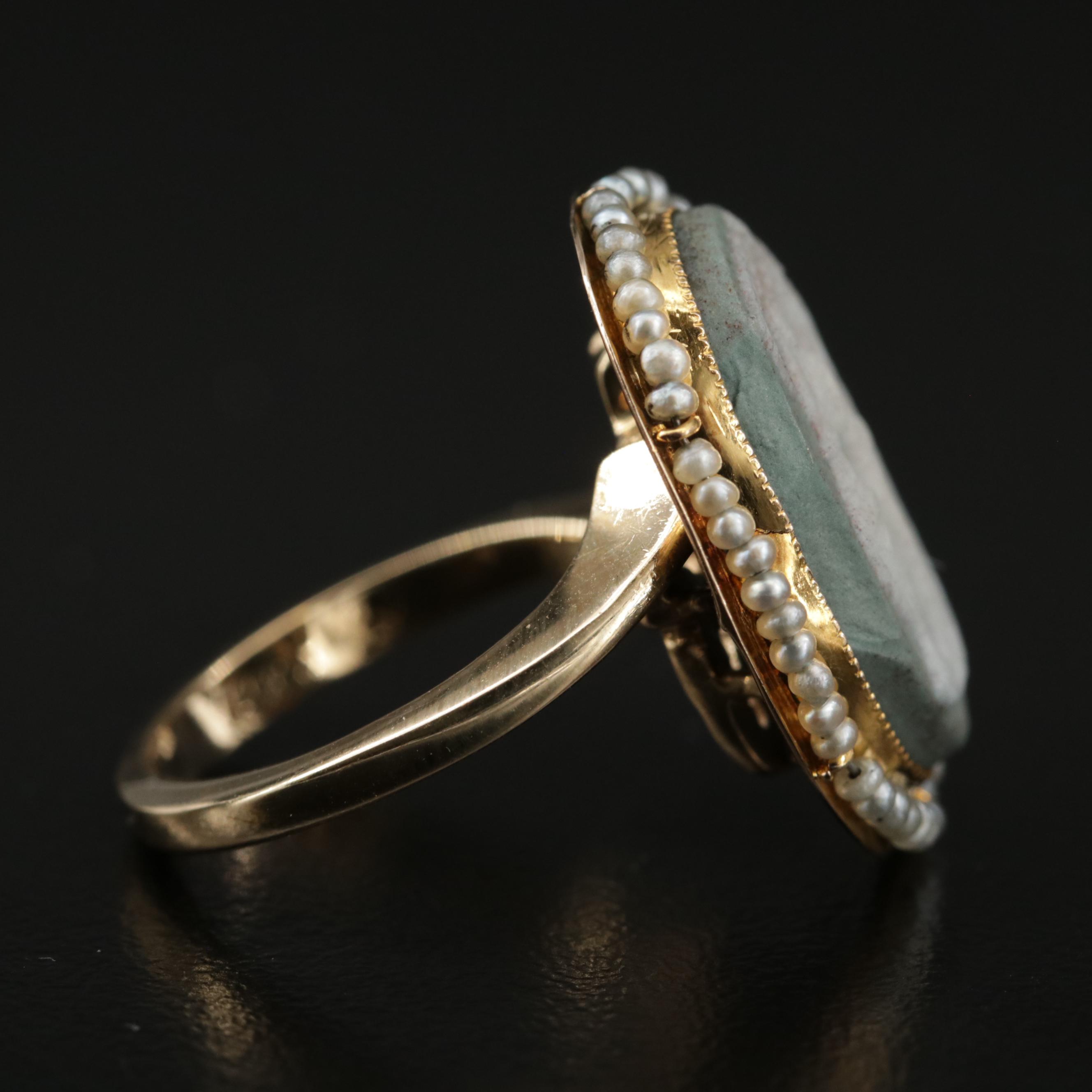 Vintage Wedgwood 14K Jasperware and Seed Pearl Cameo Ring