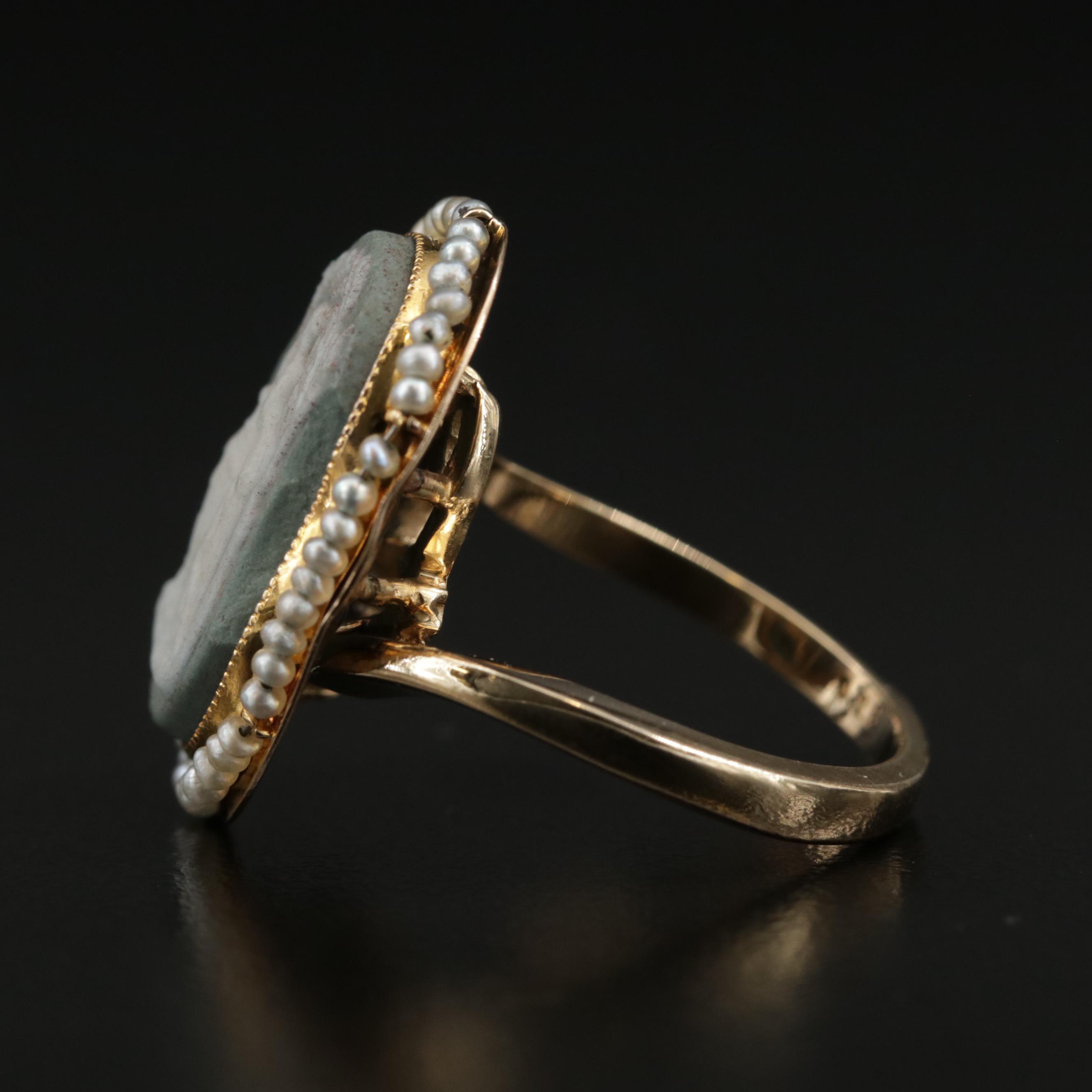 Vintage Wedgwood 14K Jasperware and Seed Pearl Cameo Ring