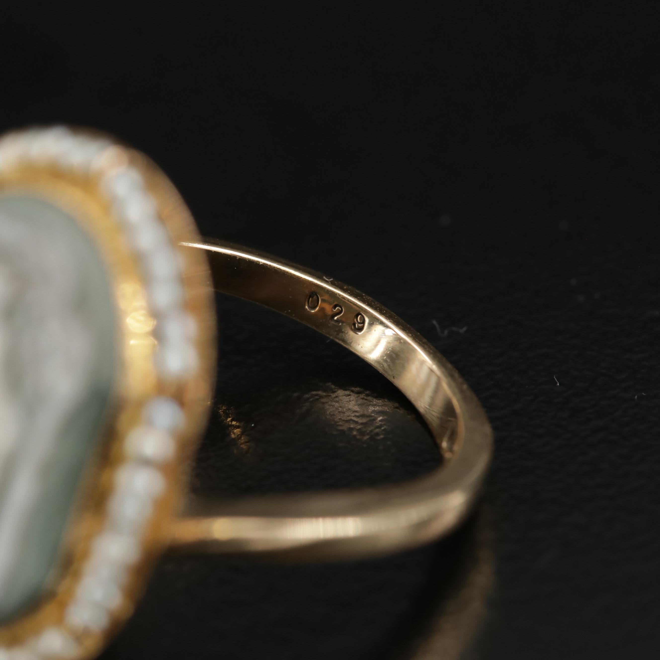 Vintage Wedgwood 14K Jasperware and Seed Pearl Cameo Ring