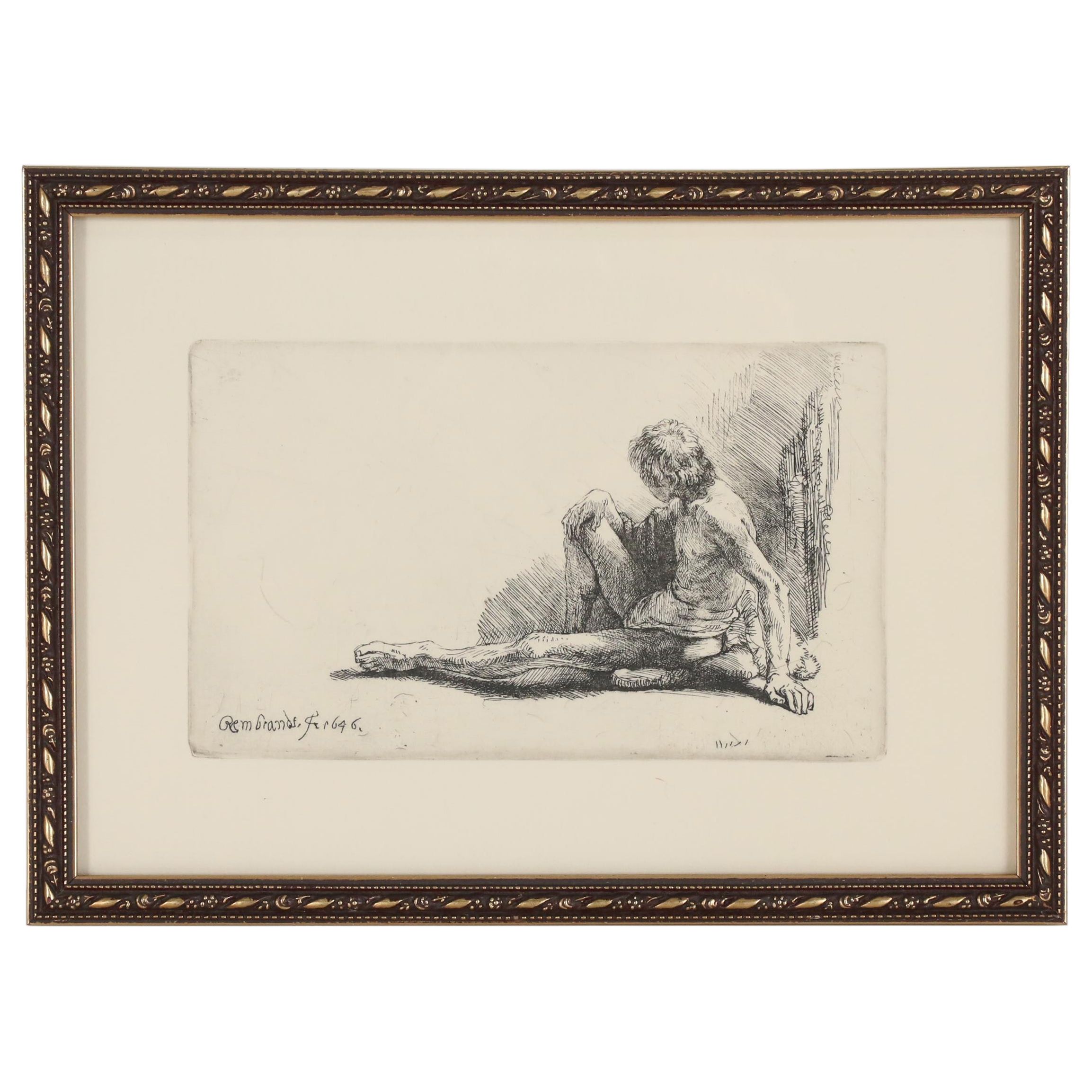 Etching after Rembrandt of Seated Male Nude, 20th Century