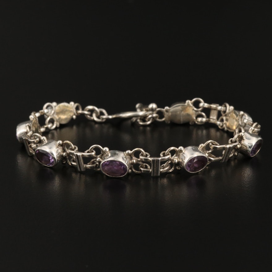 Sterling Silver Amethyst Bezel Link Bracelet