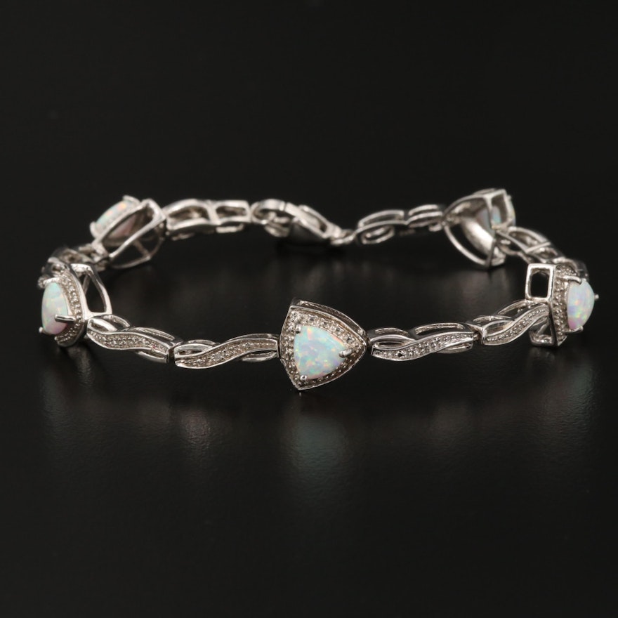 Sterling Silver Synthetic Opal and Diamond Triangular Station Bracelet