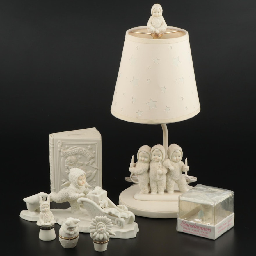 Dept. 56 Porcelain Snowbabies Lamp, Bank and Snowbunnies Hinged Boxes