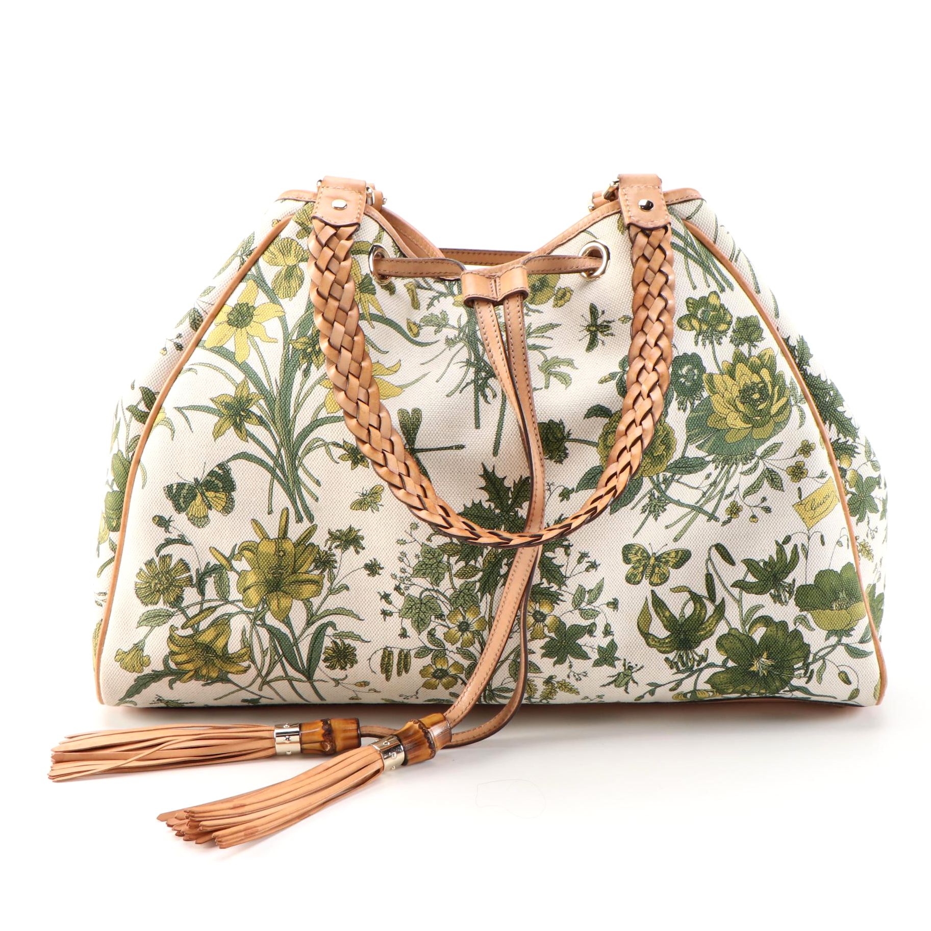 Gucci Peggy Bamboo Tassel Flora Print Tote Bag with Vachetta Leather Trim