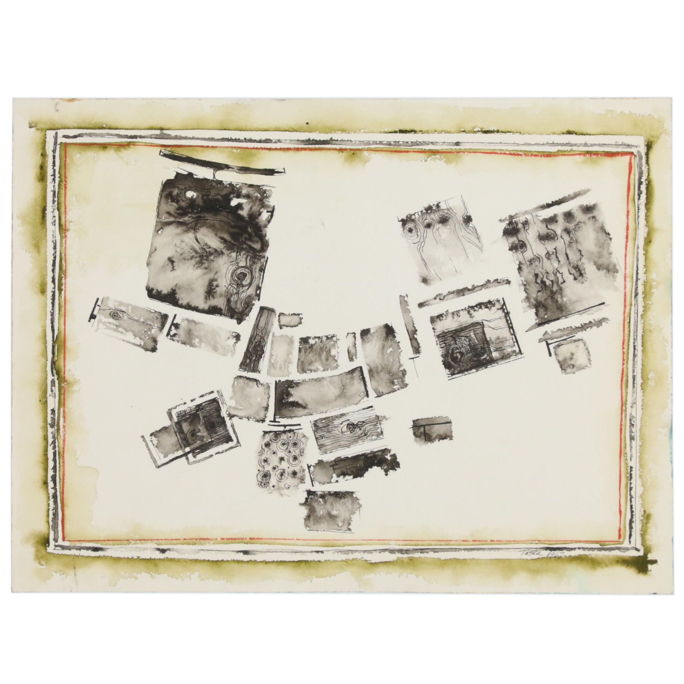 John Tuska Abstract Pen and Inkwash Drawing, 1967