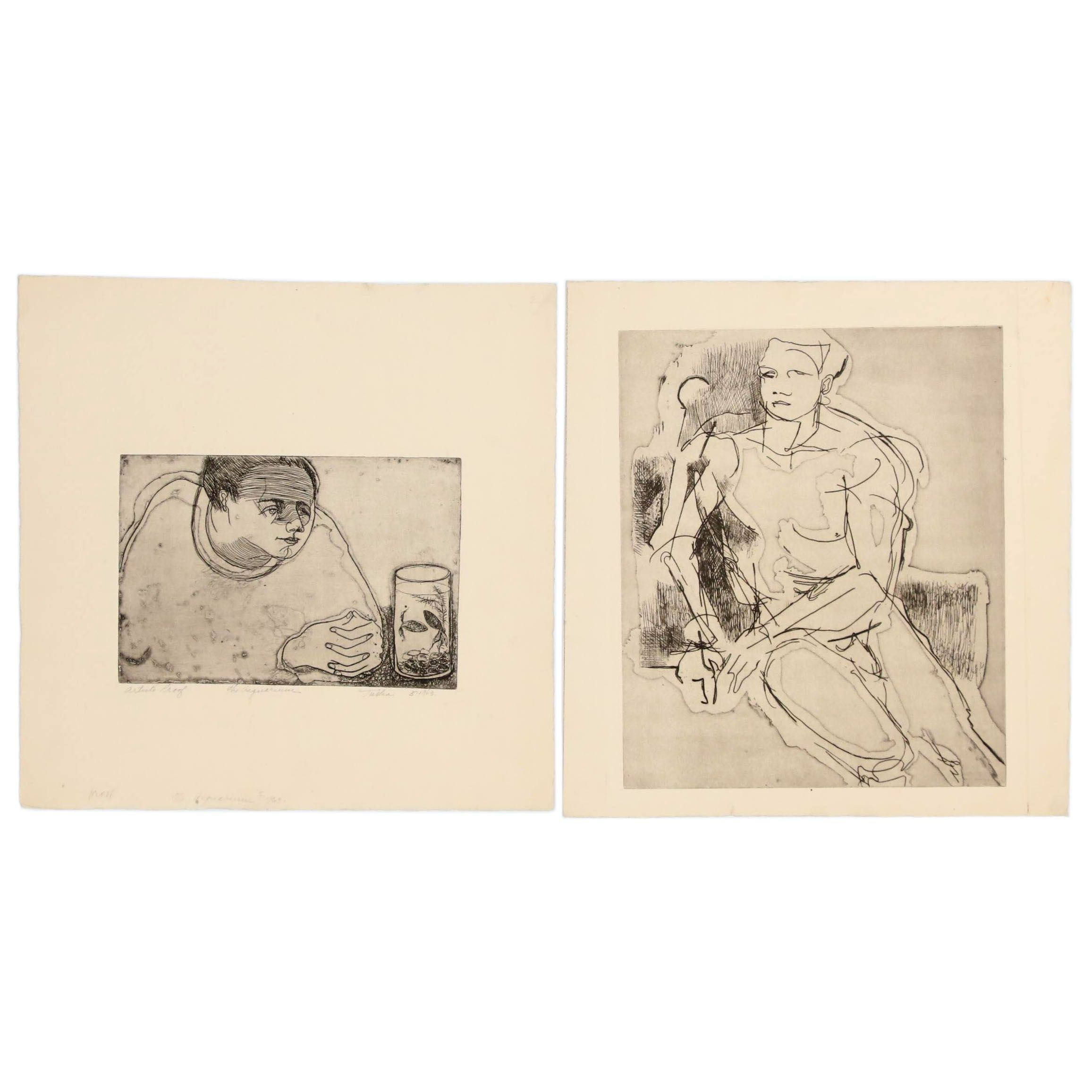 John Tuska Etchings of Nude Figure and "The Aquarium", circa 1963