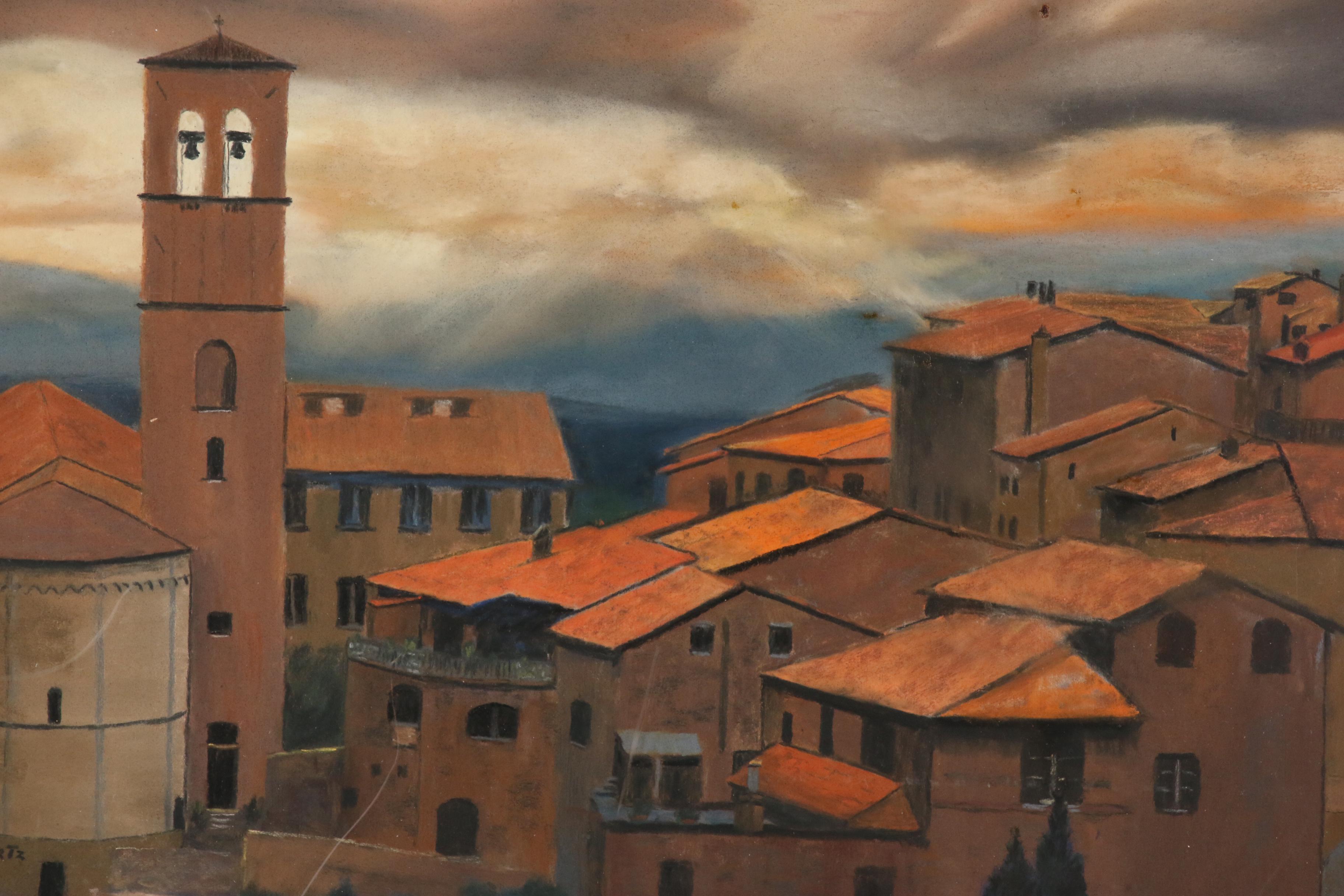 John Sagartz Pastel Drawing of Village Scene "Povera Assisi"