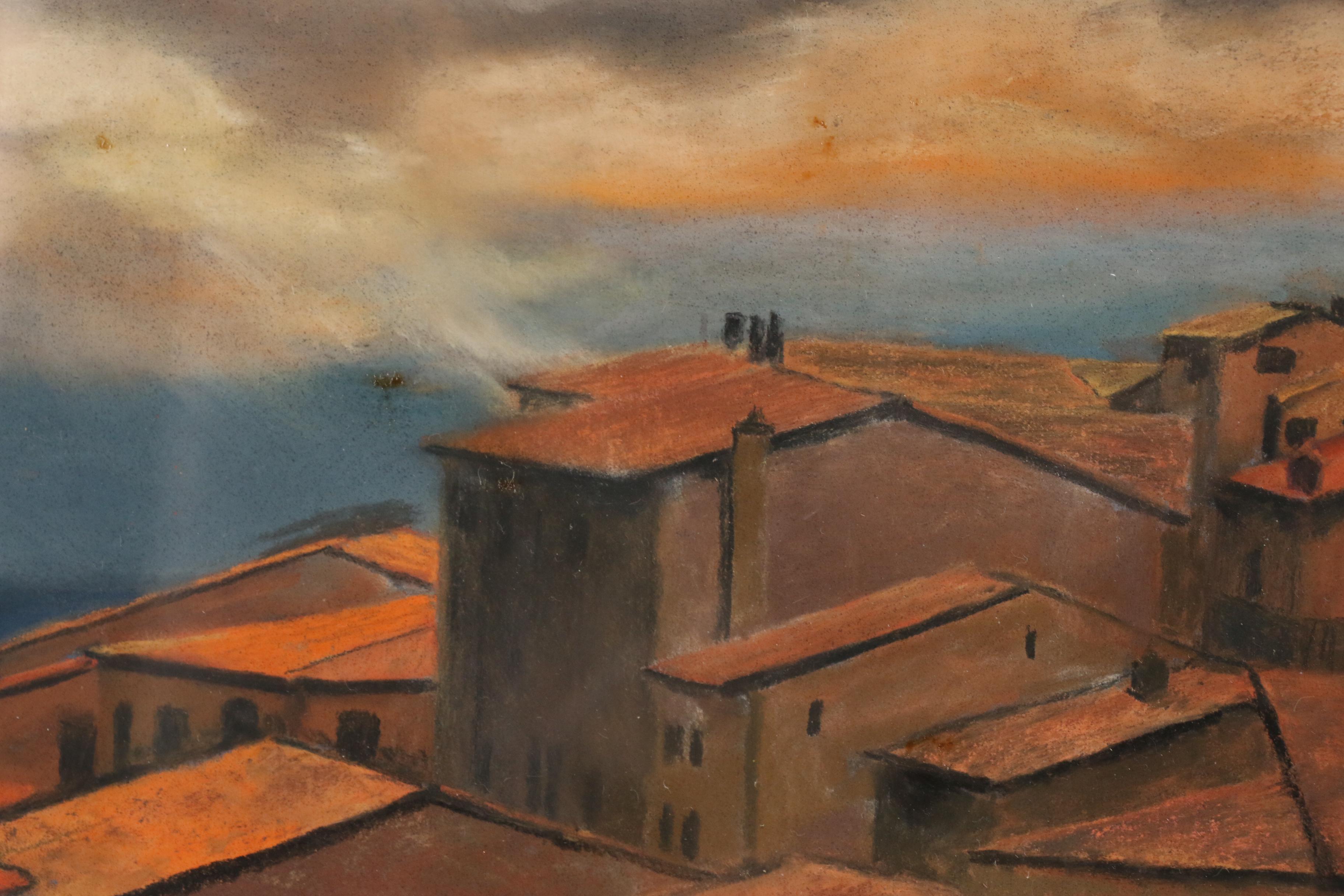 John Sagartz Pastel Drawing of Village Scene "Povera Assisi"