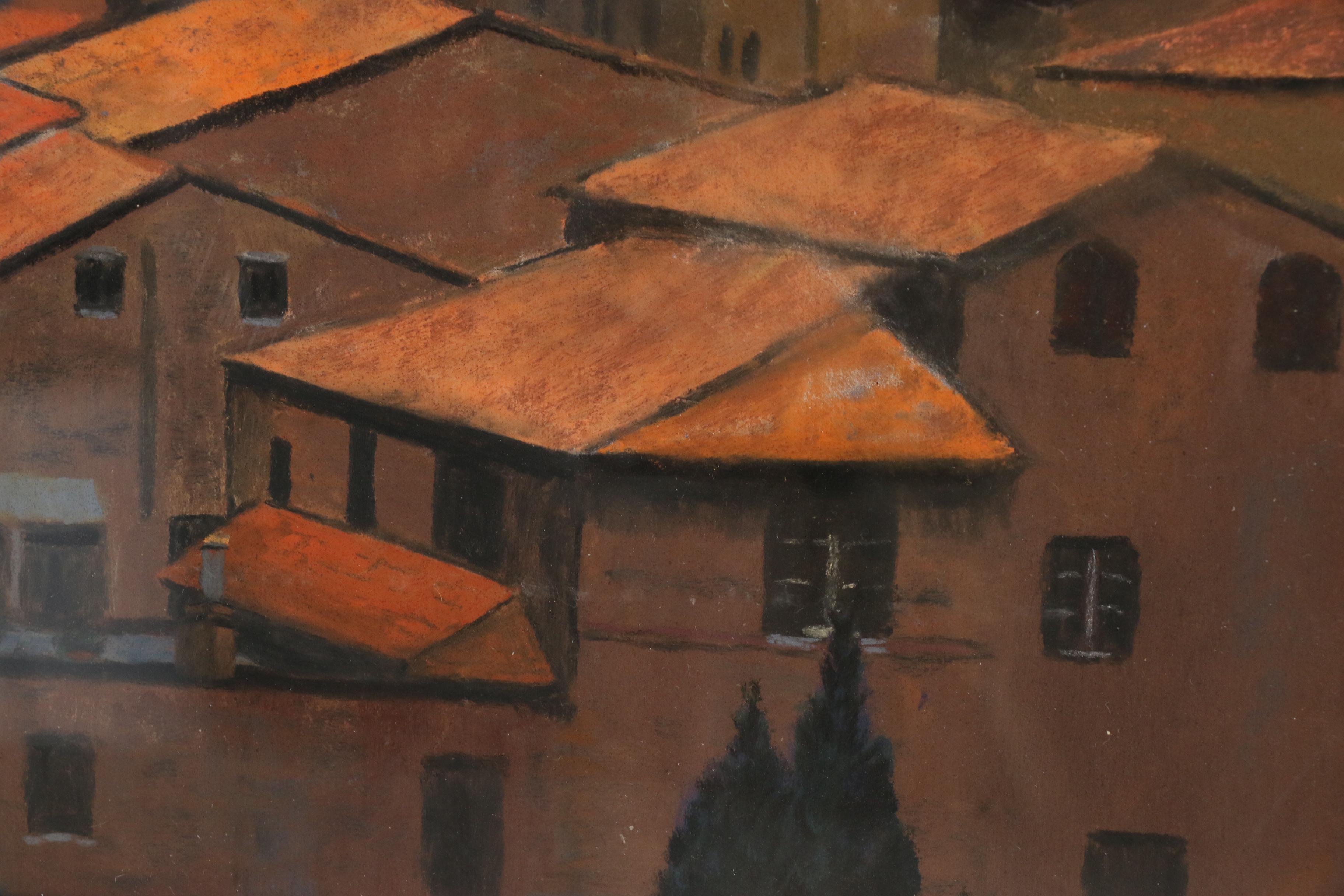 John Sagartz Pastel Drawing of Village Scene "Povera Assisi"