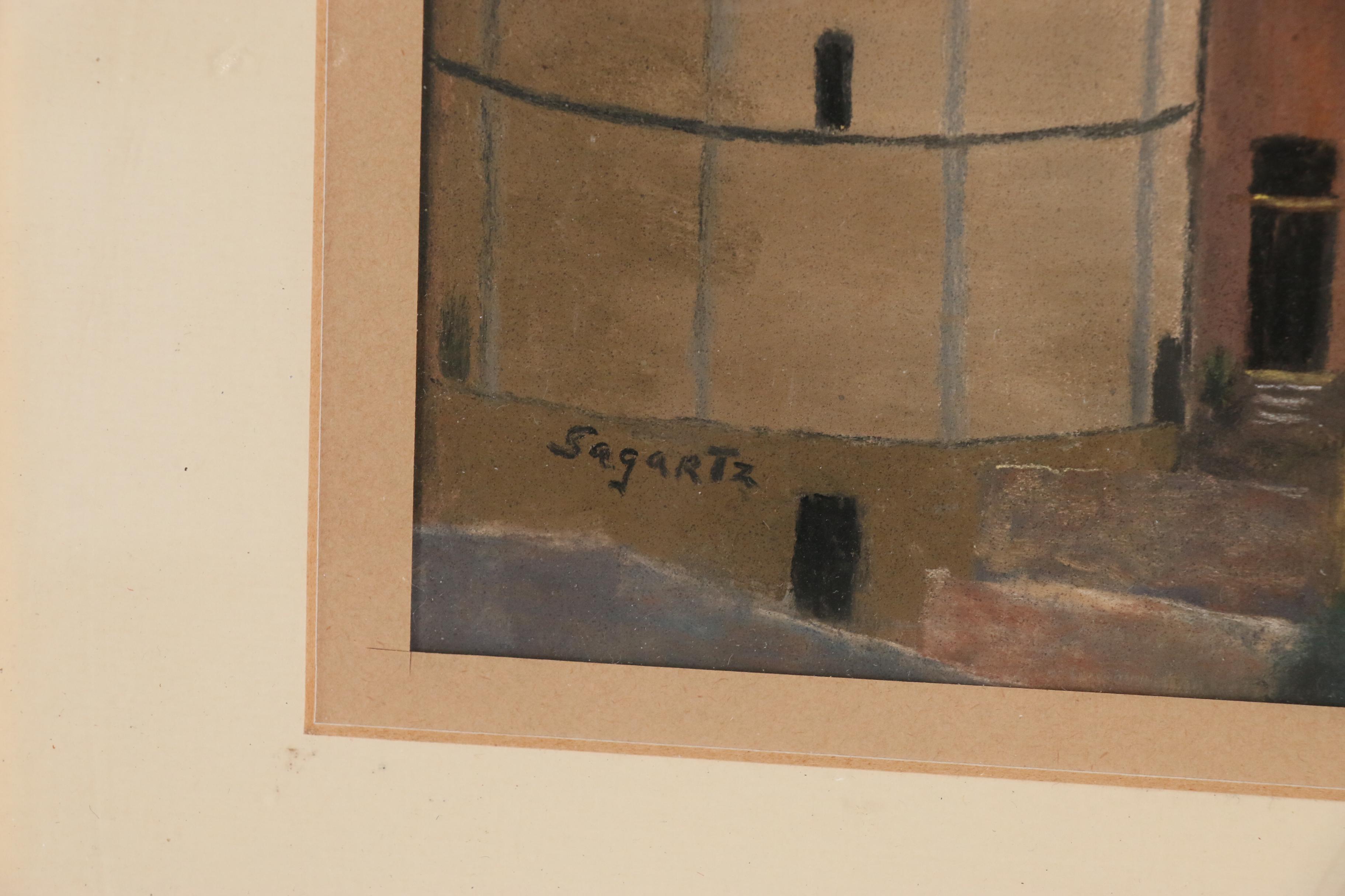 John Sagartz Pastel Drawing of Village Scene "Povera Assisi"