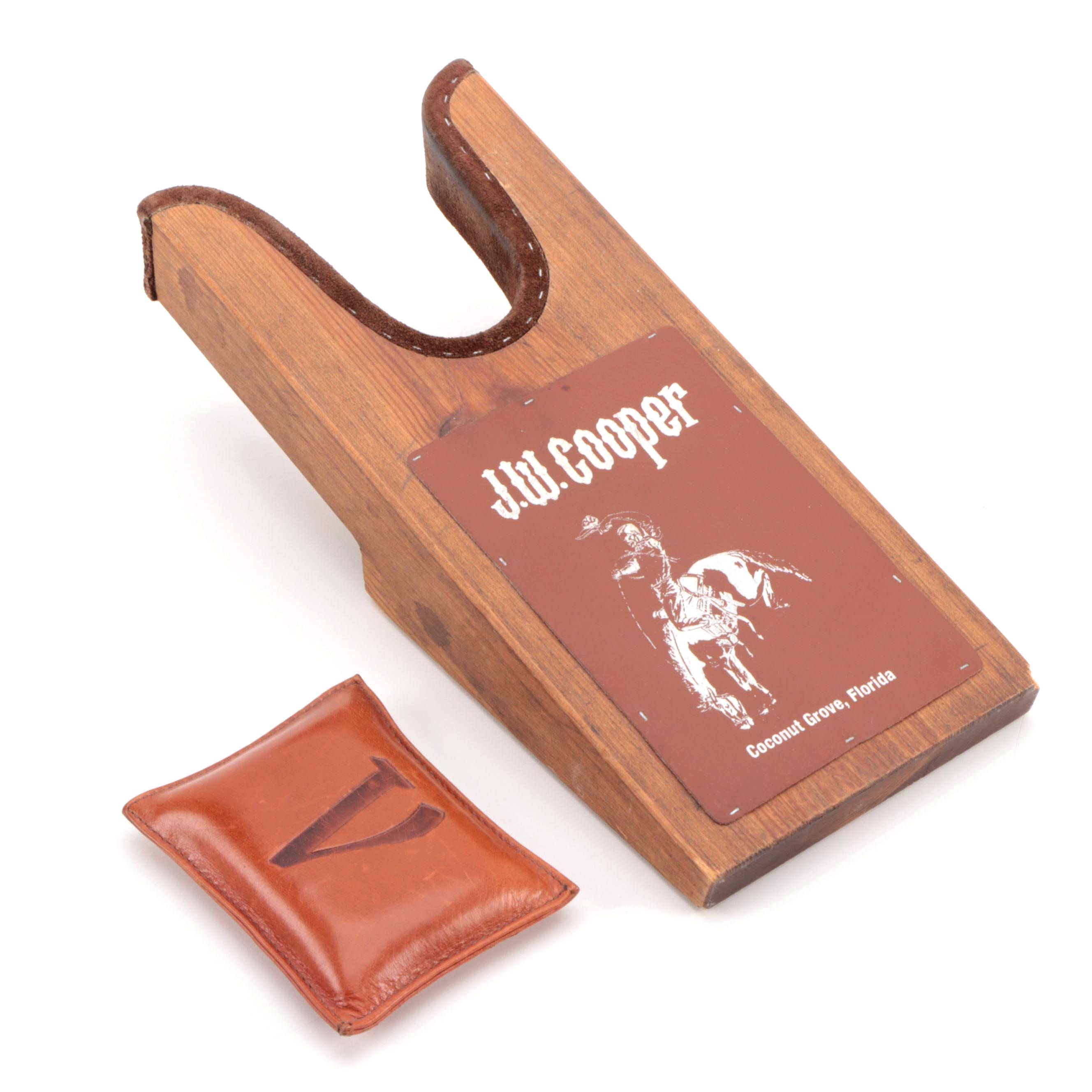 J.W. Cooper Wooden Boot Jack with "V" Leather Bean Bag Weight