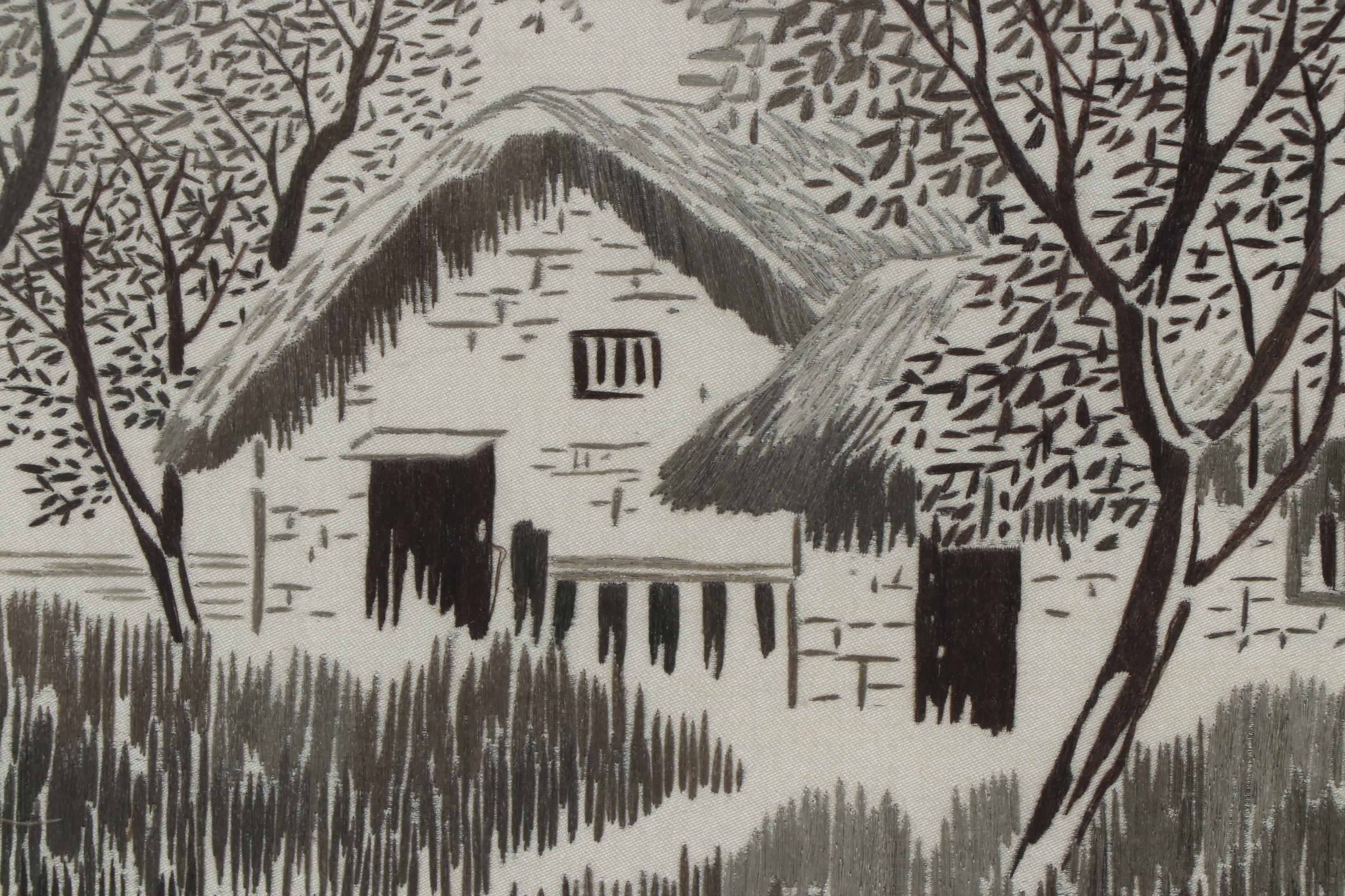 East Asian Landscape Watercolor Painting on Silk