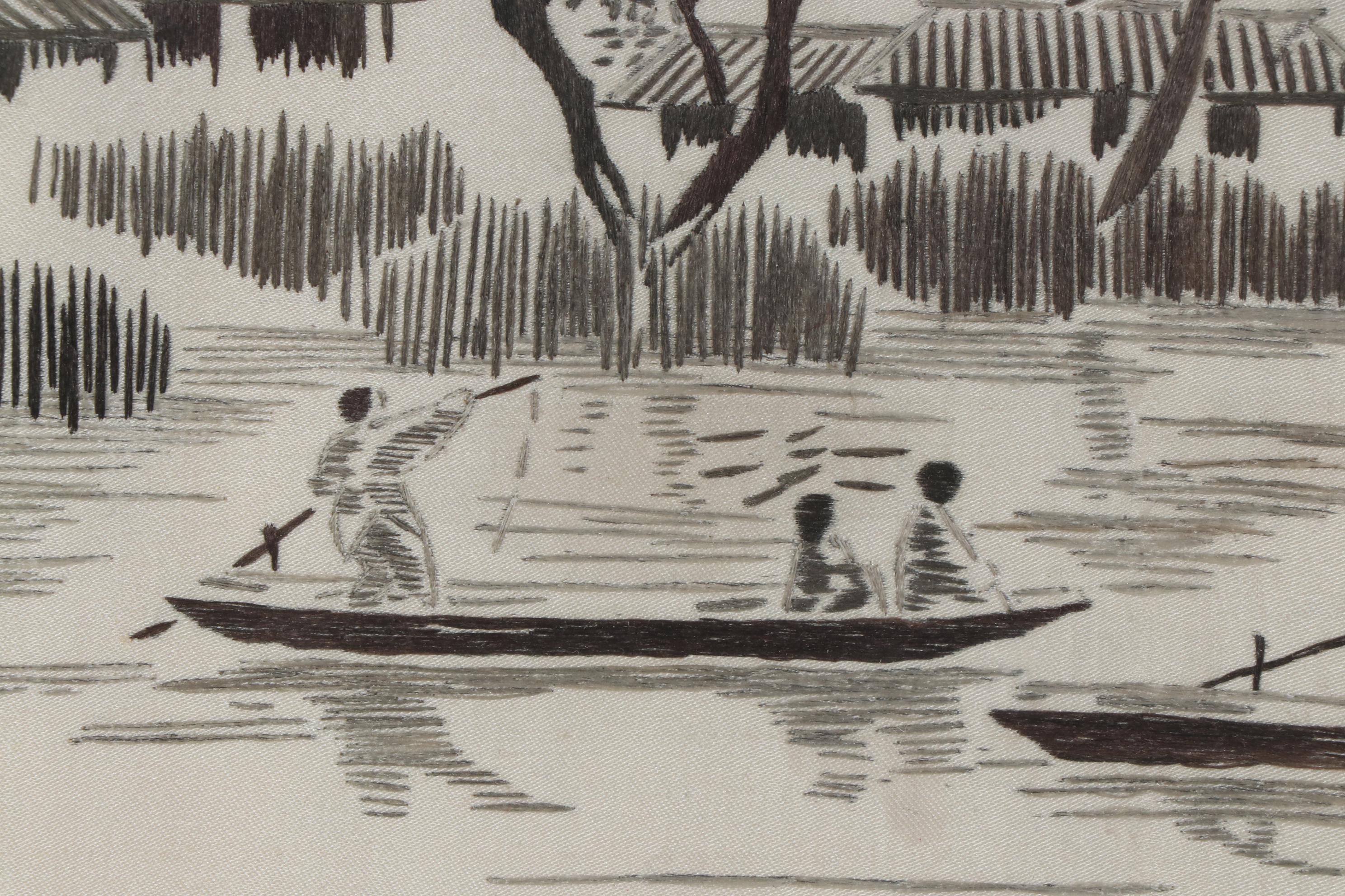 East Asian Landscape Watercolor Painting on Silk