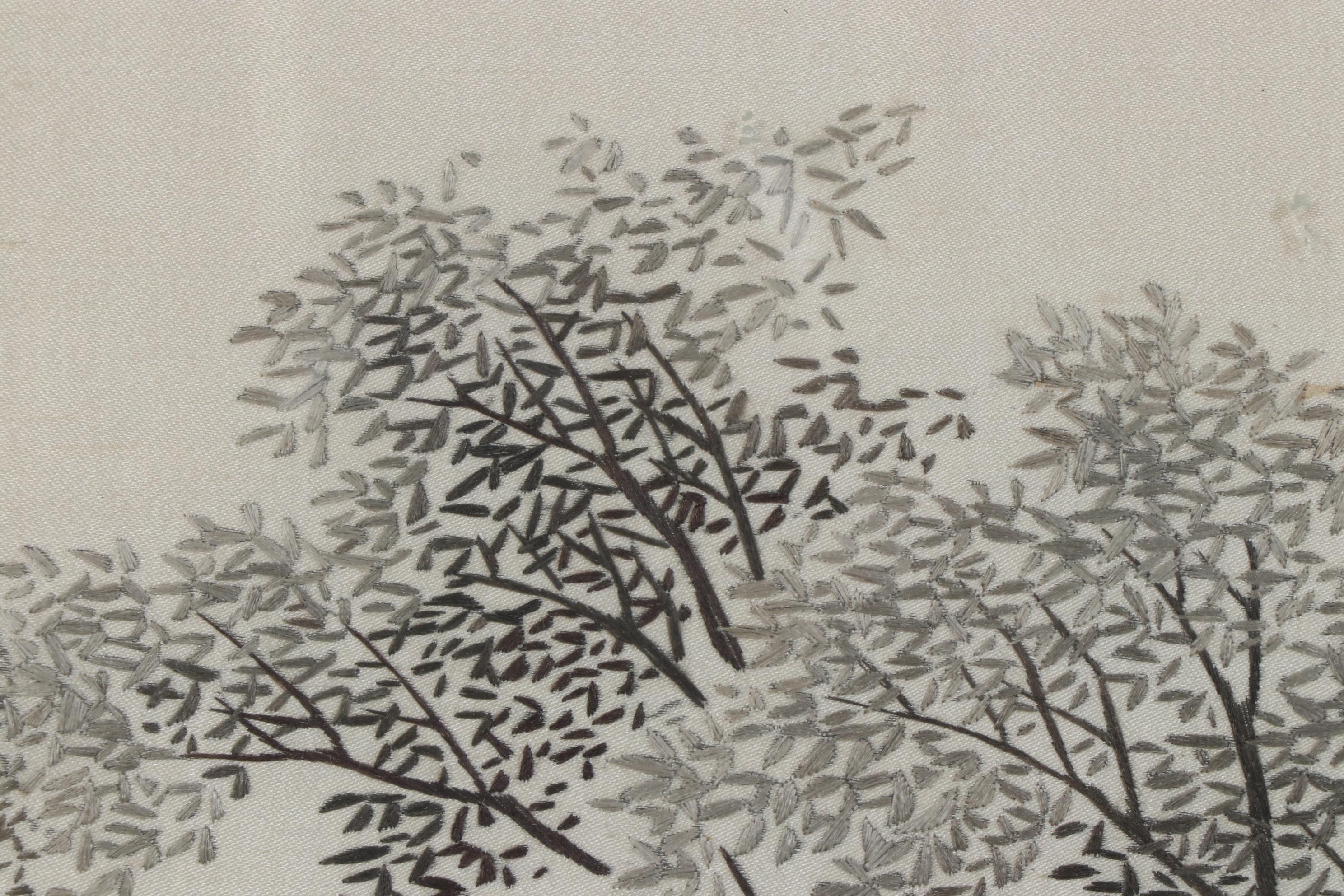 East Asian Landscape Watercolor Painting on Silk