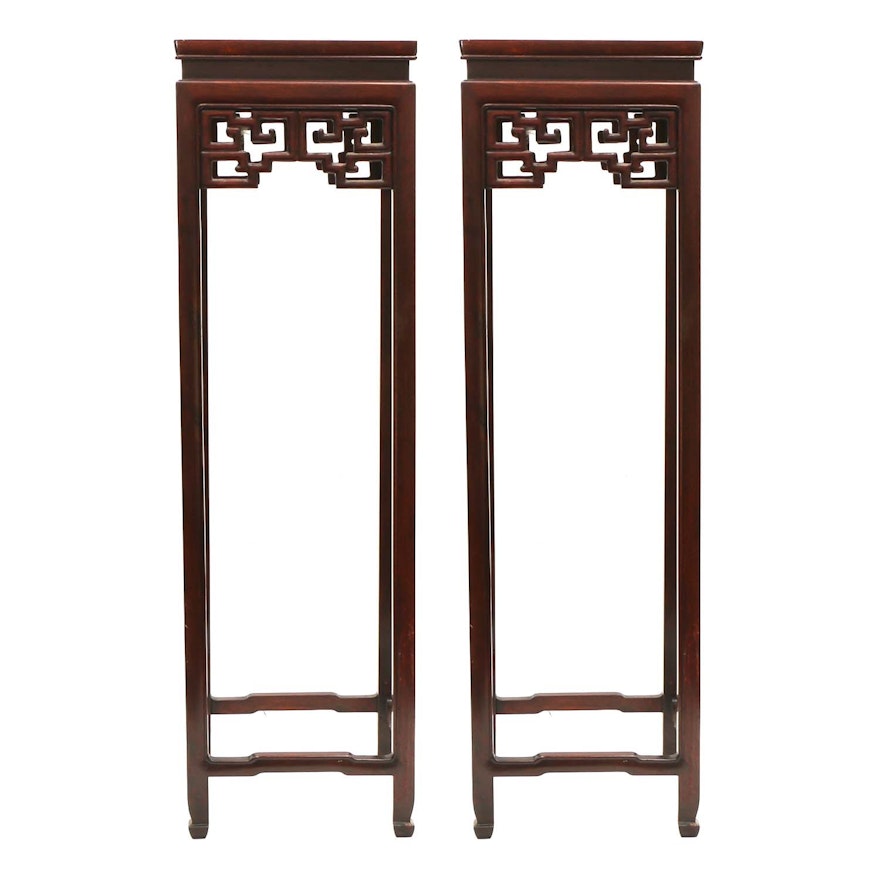 Chinese Style Mahogany Pedestal Plant Stands, Late 20th Century