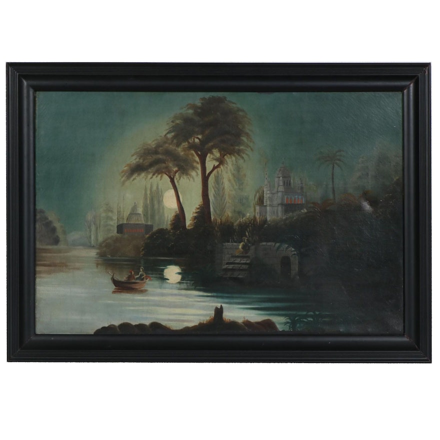 Continental School Style Moonlit River Oil Painting, 19th Century