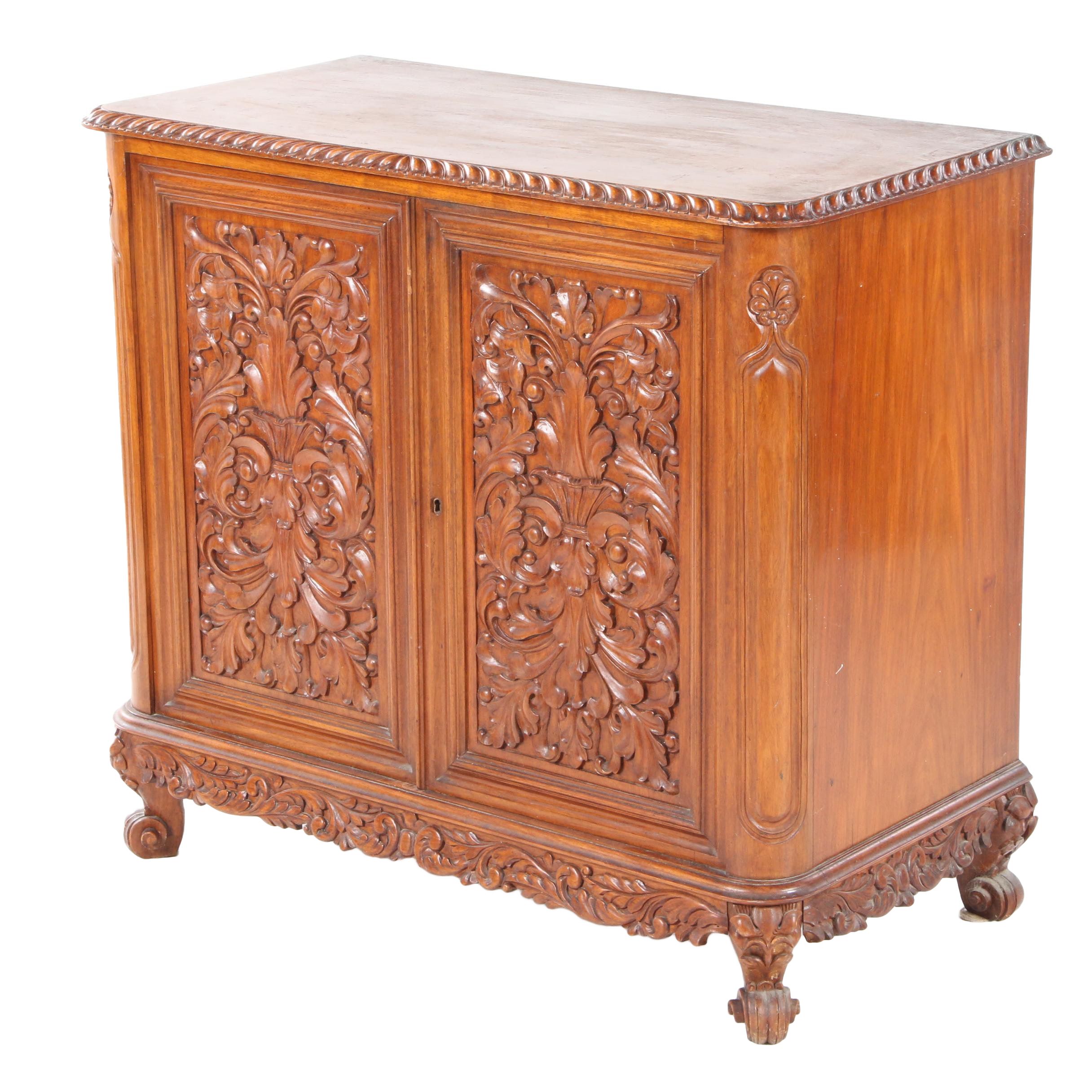 Rococo Style Floral-Carved Mahogany Cabinet