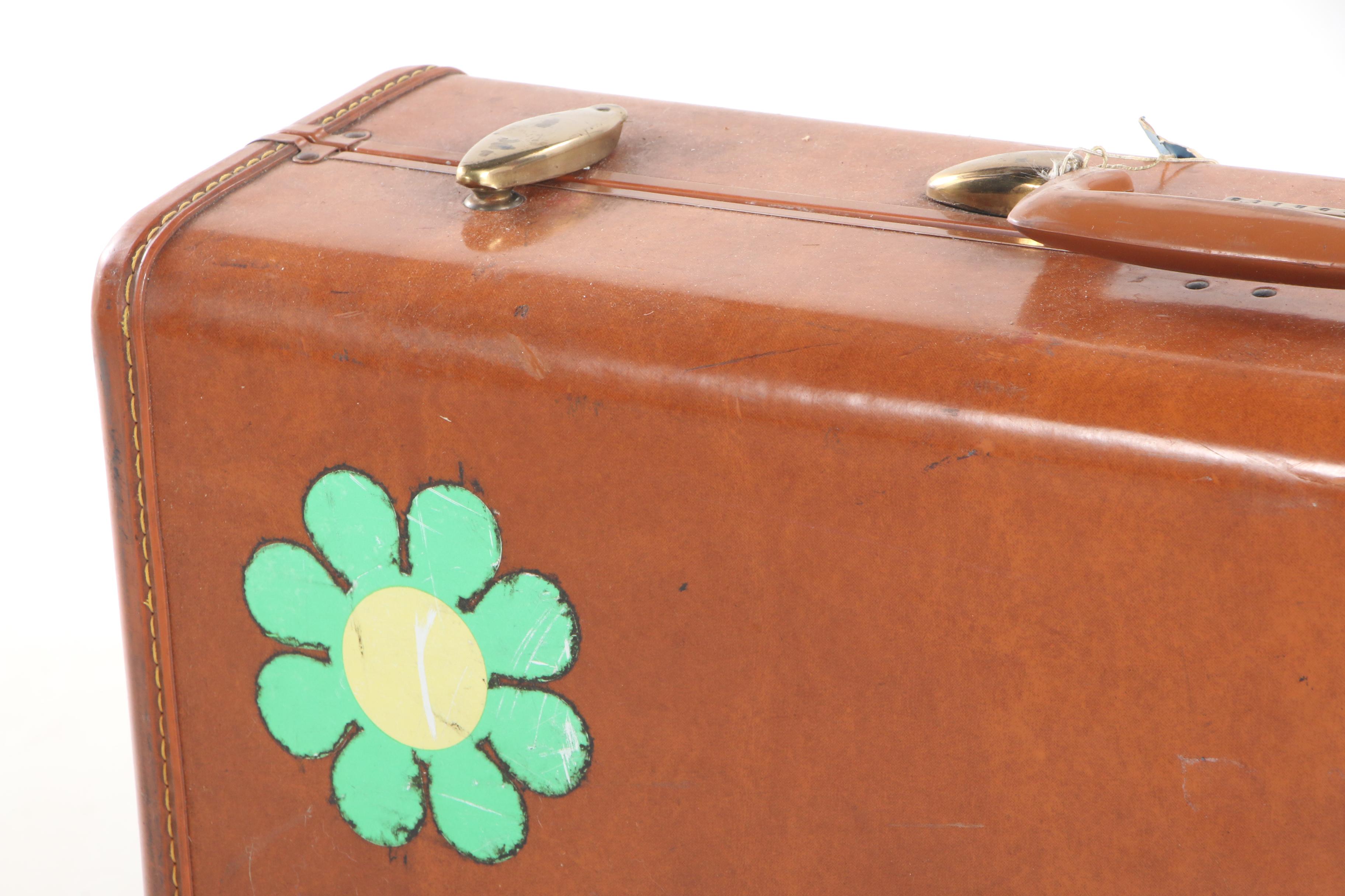 Samsonite Leather Hard Case Suitcase with Flower Sticker Accents, Vintage