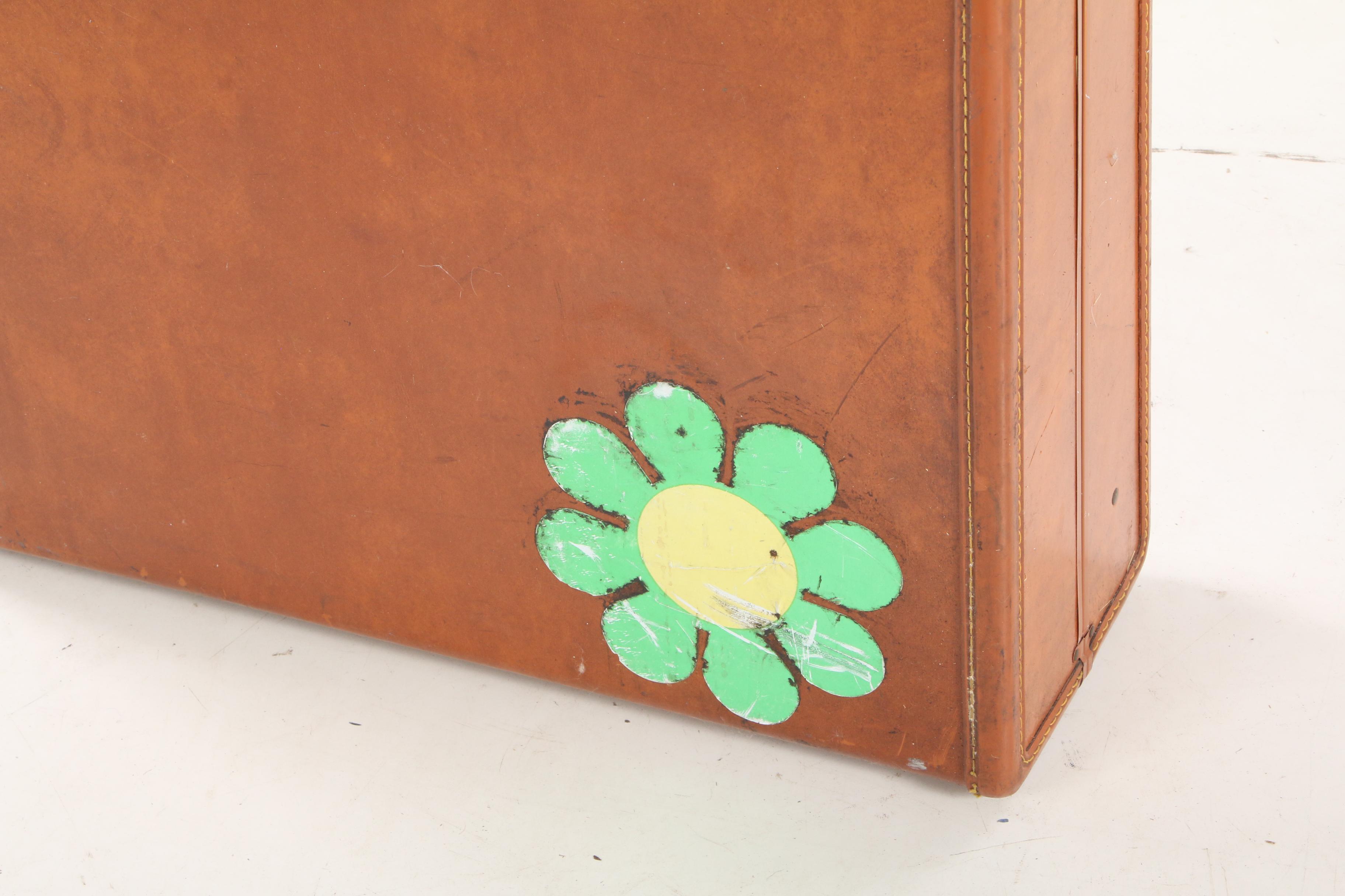 Samsonite Leather Hard Case Suitcase with Flower Sticker Accents, Vintage
