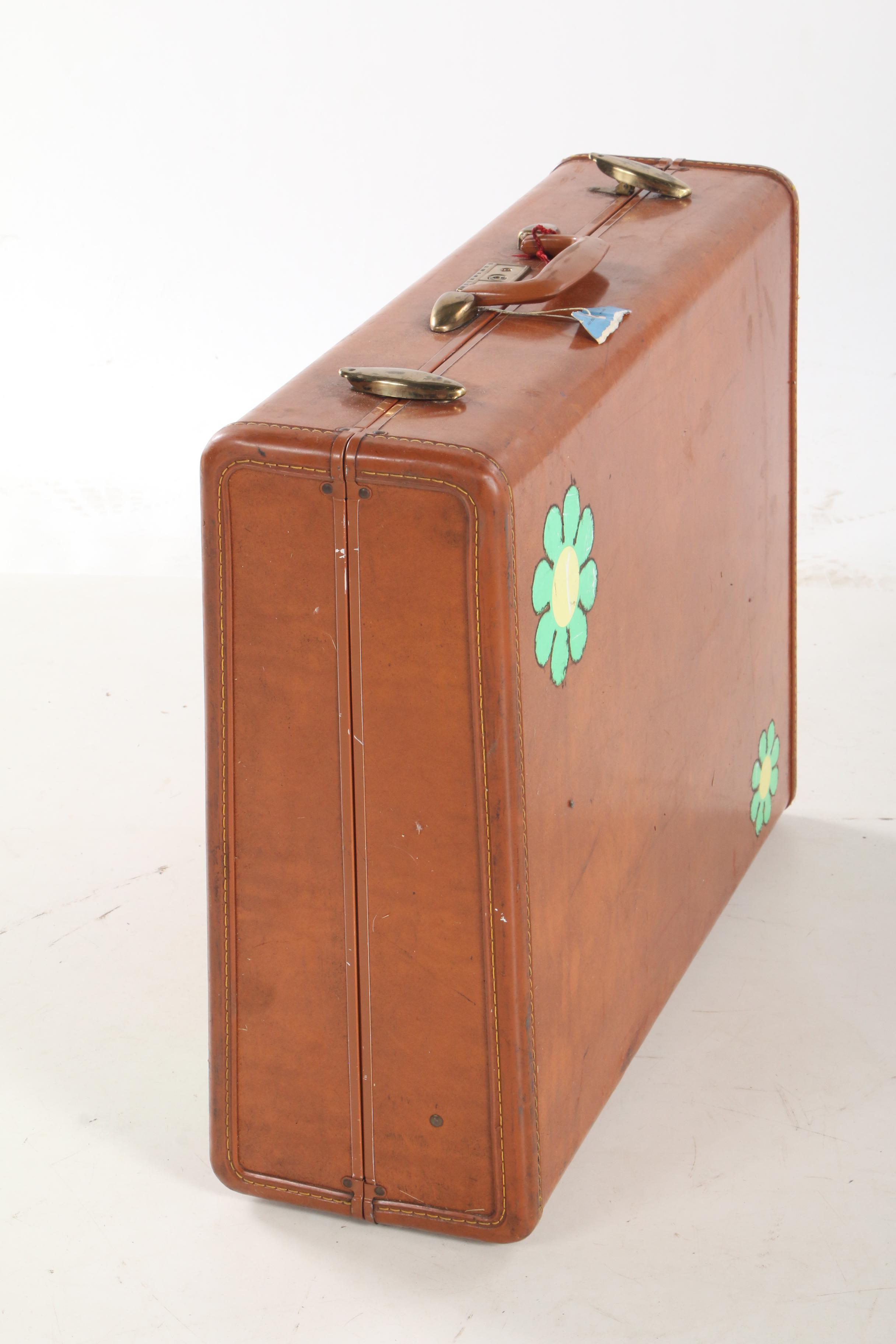 Samsonite Leather Hard Case Suitcase with Flower Sticker Accents, Vintage